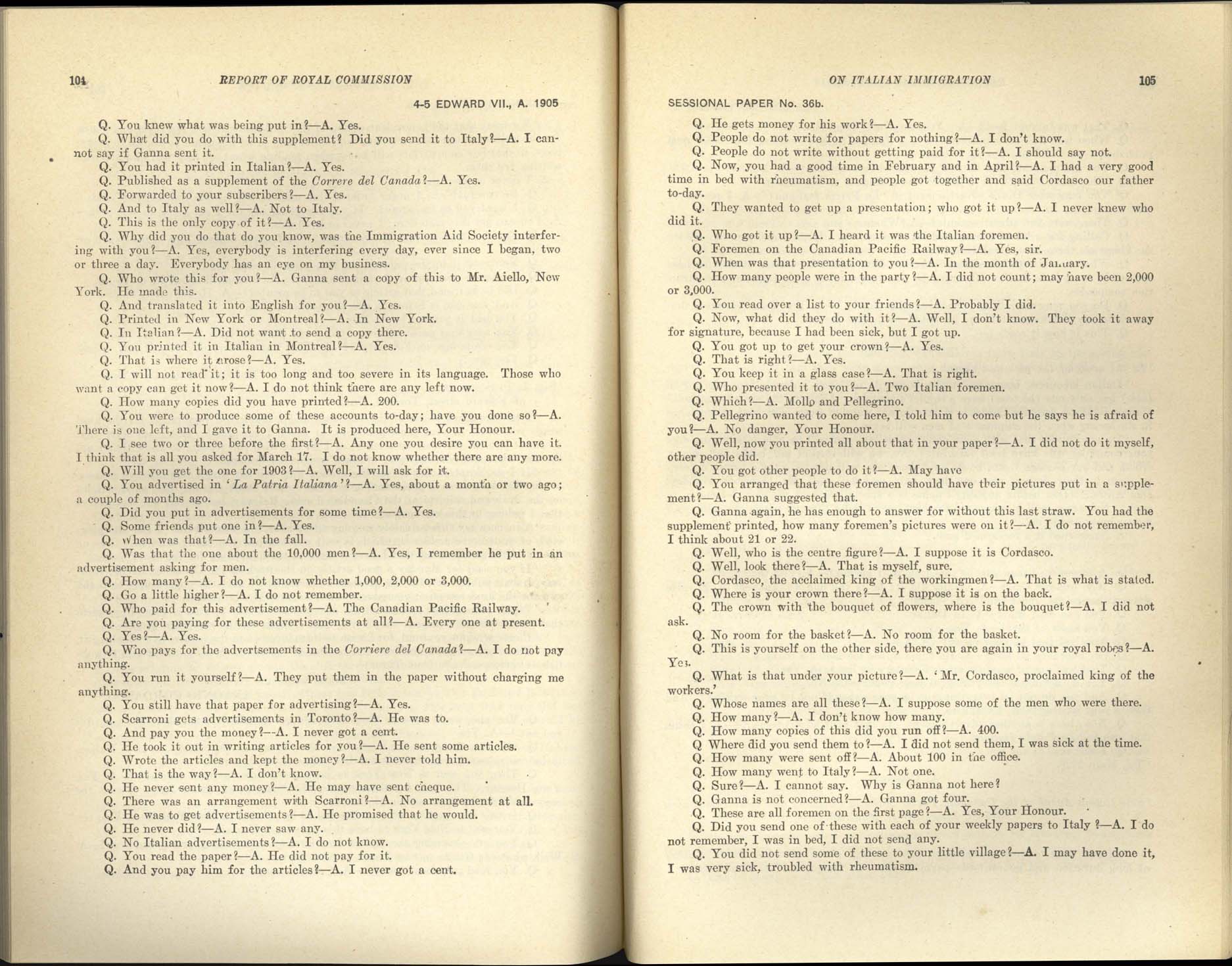 Page 104, 105 Commission royale sur l’immigration italienne, 1904-1905