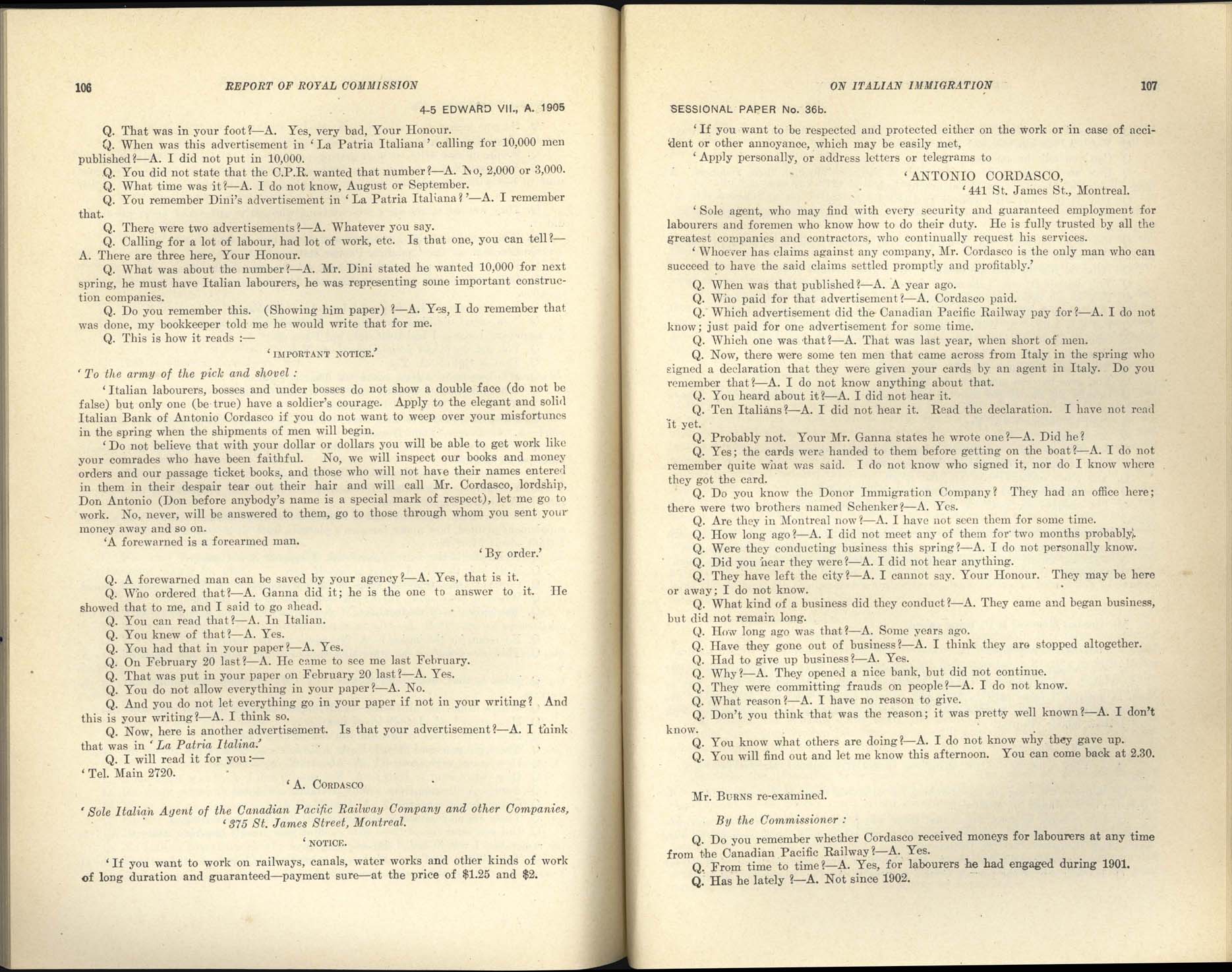 Page 106, 107 Commission royale sur l’immigration italienne, 1904-1905