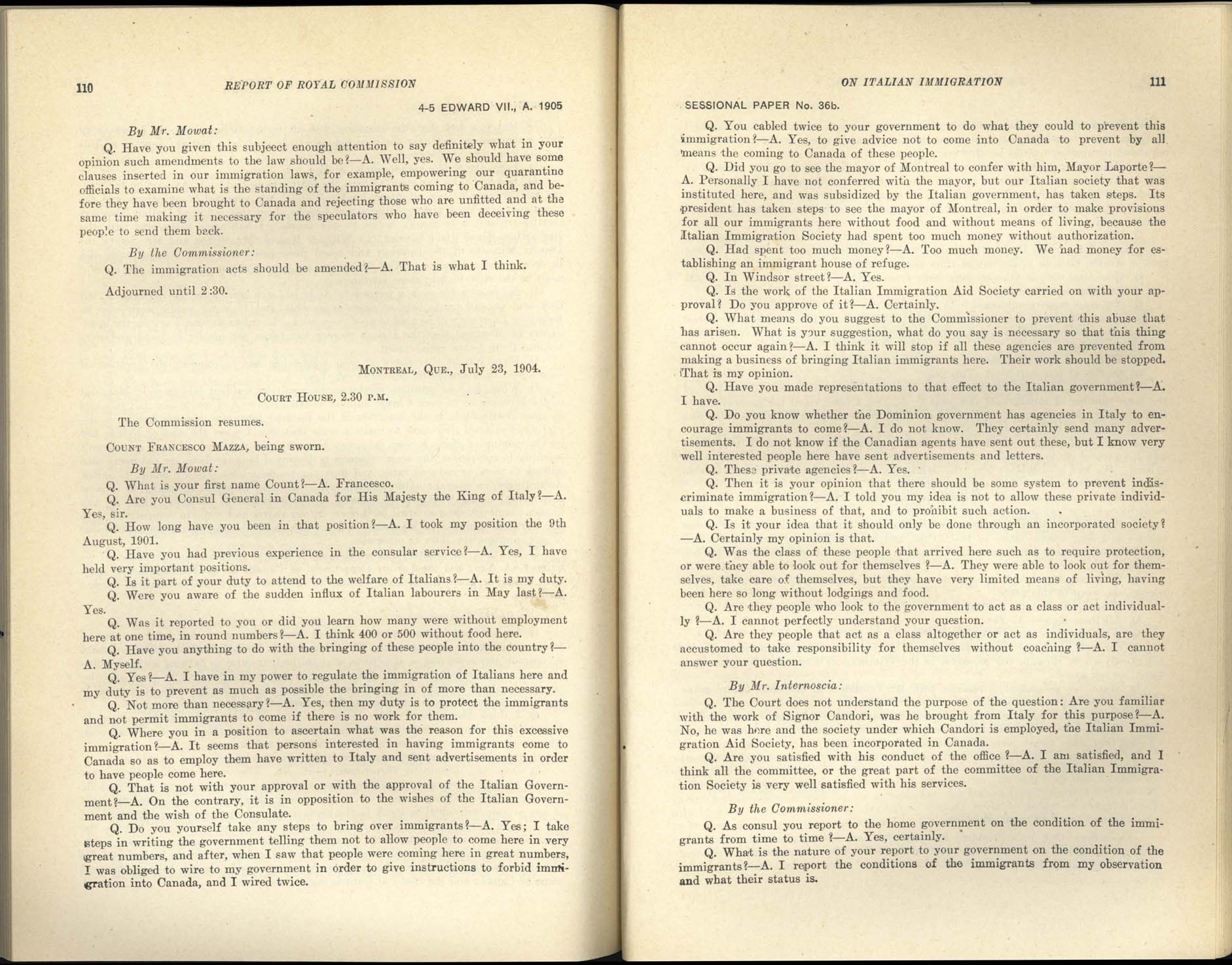 Page 110, 111 Commission royale sur l’immigration italienne, 1904-1905