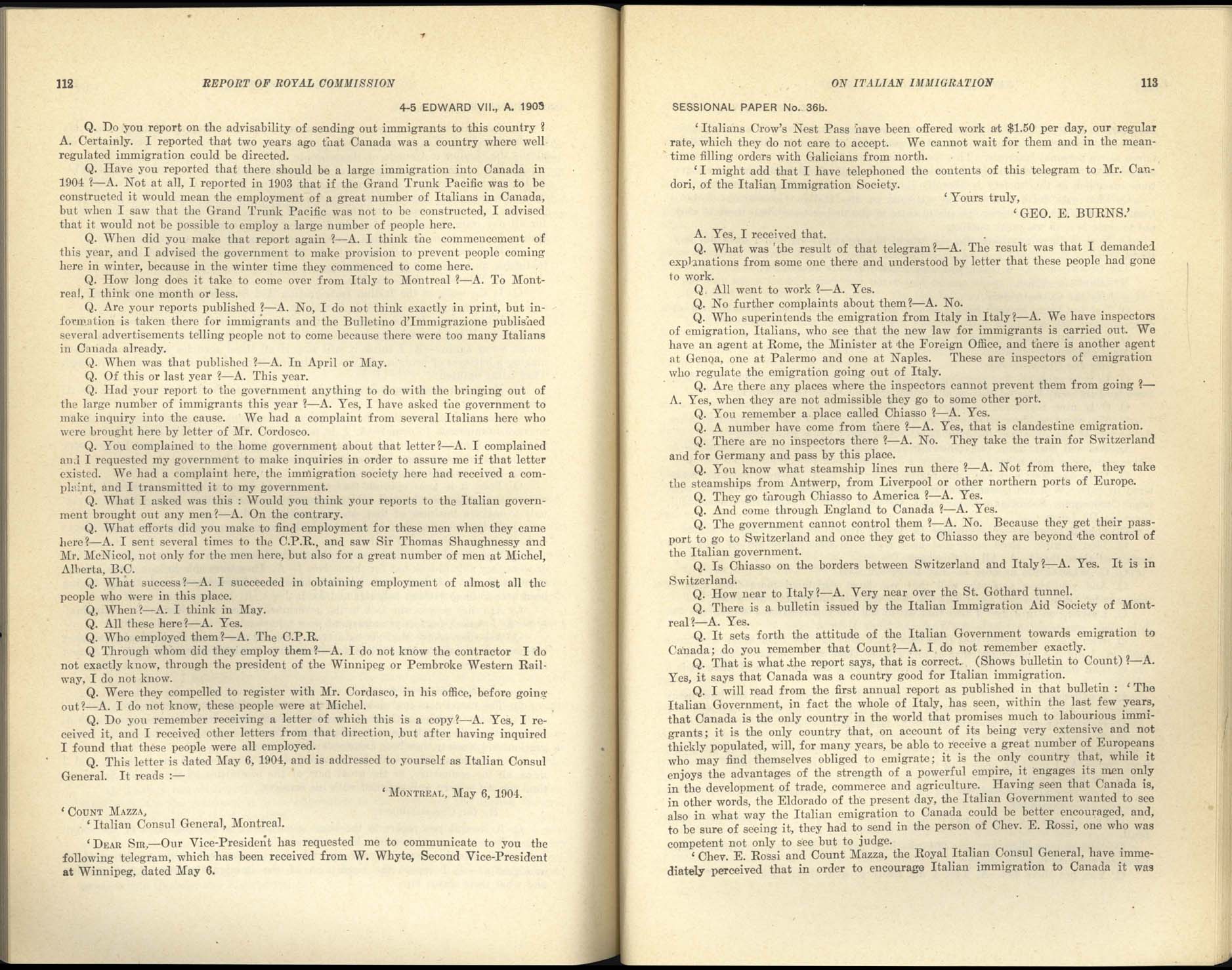 Page 112, 113 Commission royale sur l’immigration italienne, 1904-1905