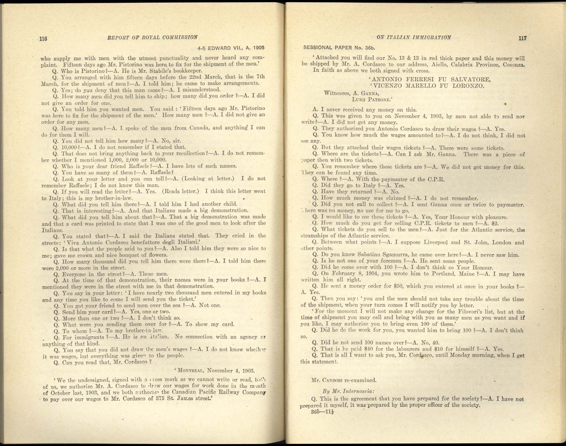 Page 116, 117 Commission royale sur l’immigration italienne, 1904-1905