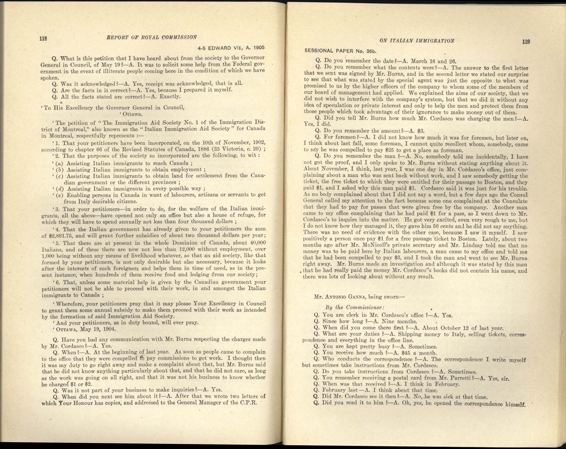 Page 118, 119 Commission royale sur l’immigration italienne, 1904-1905