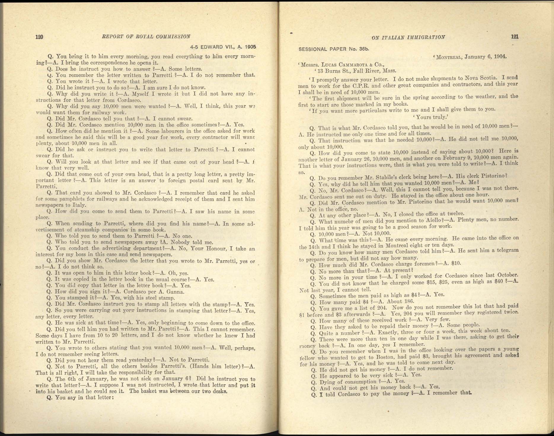 Page 120, 121 Commission royale sur l’immigration italienne, 1904-1905