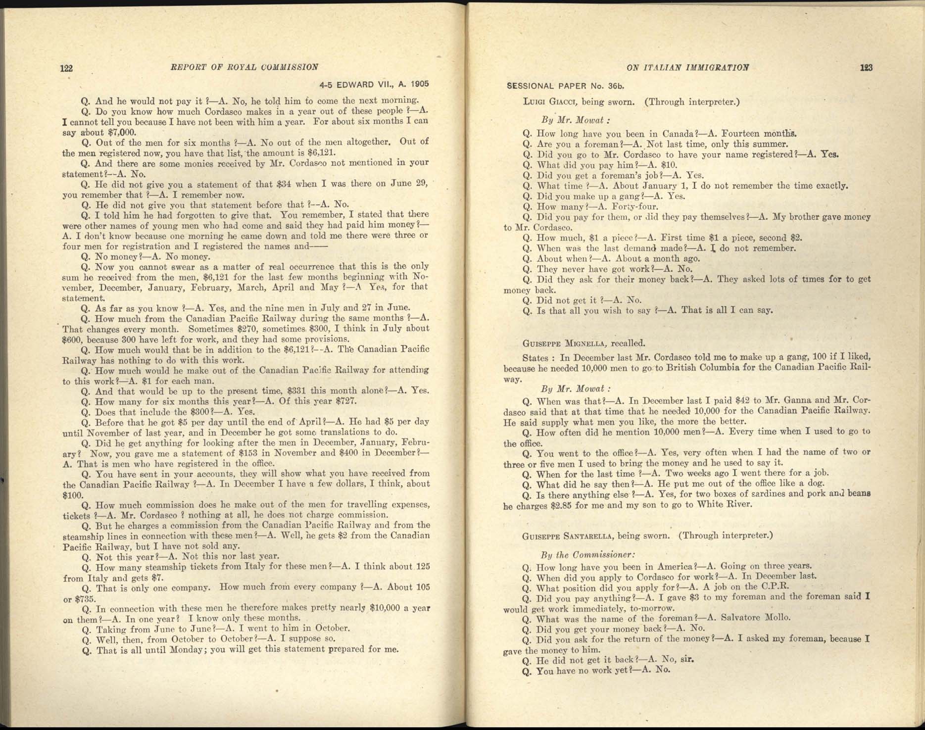 Page 122, 123 Commission royale sur l’immigration italienne, 1904-1905