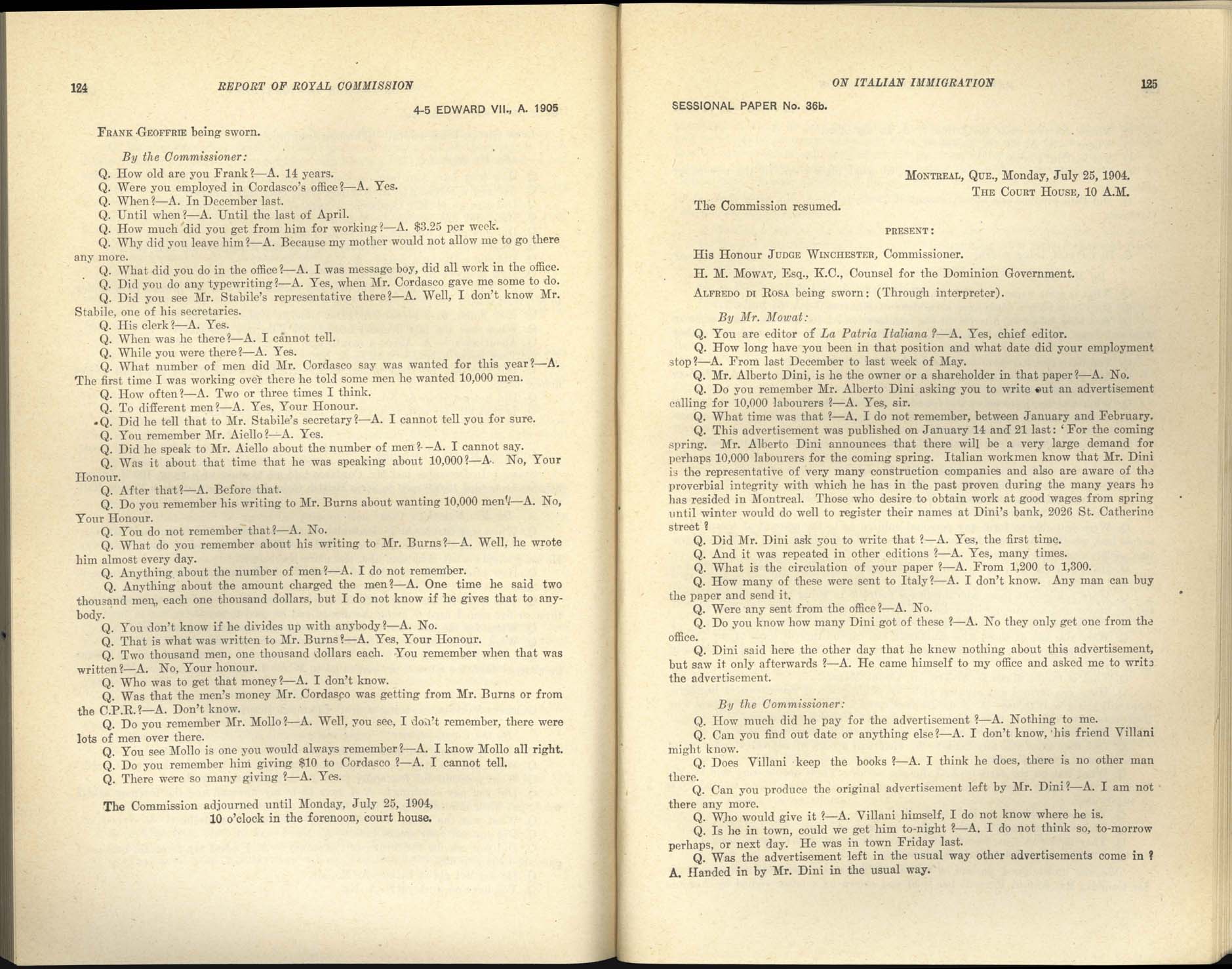 Page 124, 125 Commission royale sur l’immigration italienne, 1904-1905