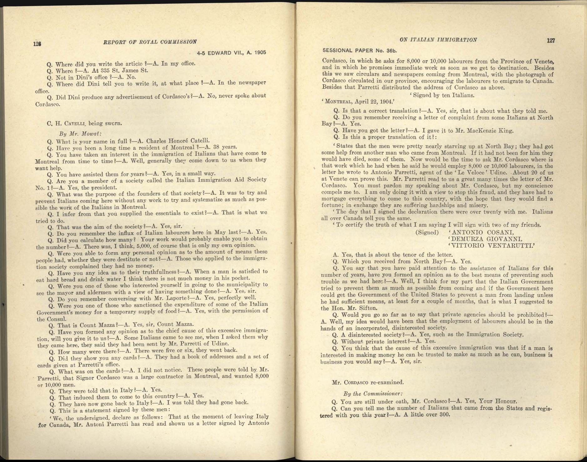 Page 126, 127 Commission royale sur l’immigration italienne, 1904-1905
