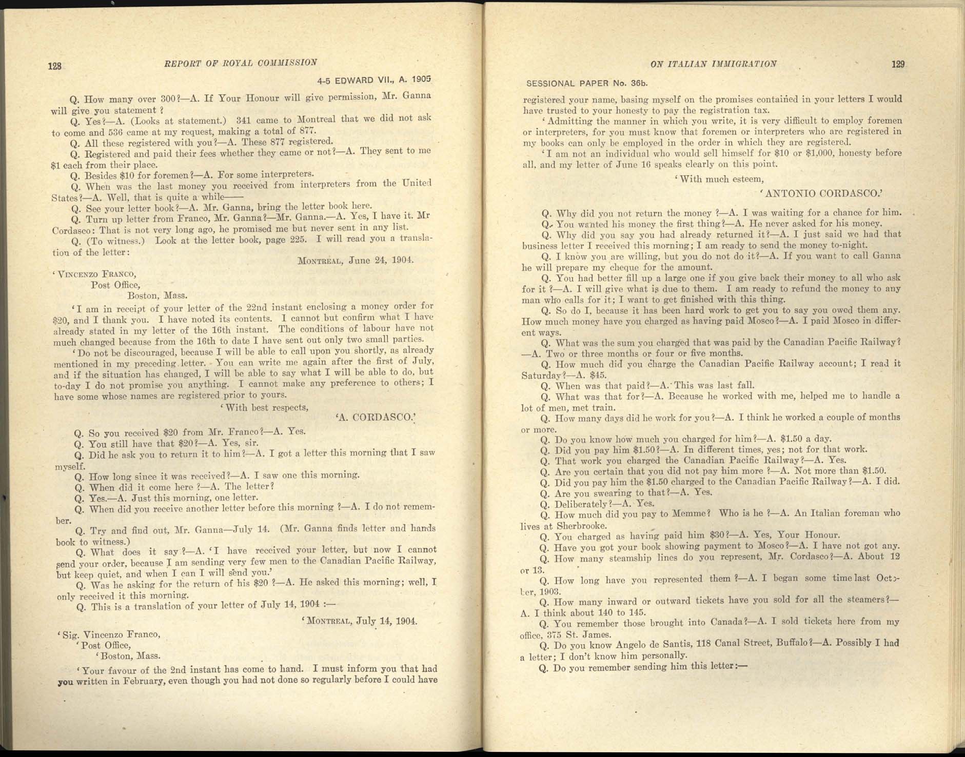 Page 128, 129 Commission royale sur l’immigration italienne, 1904-1905