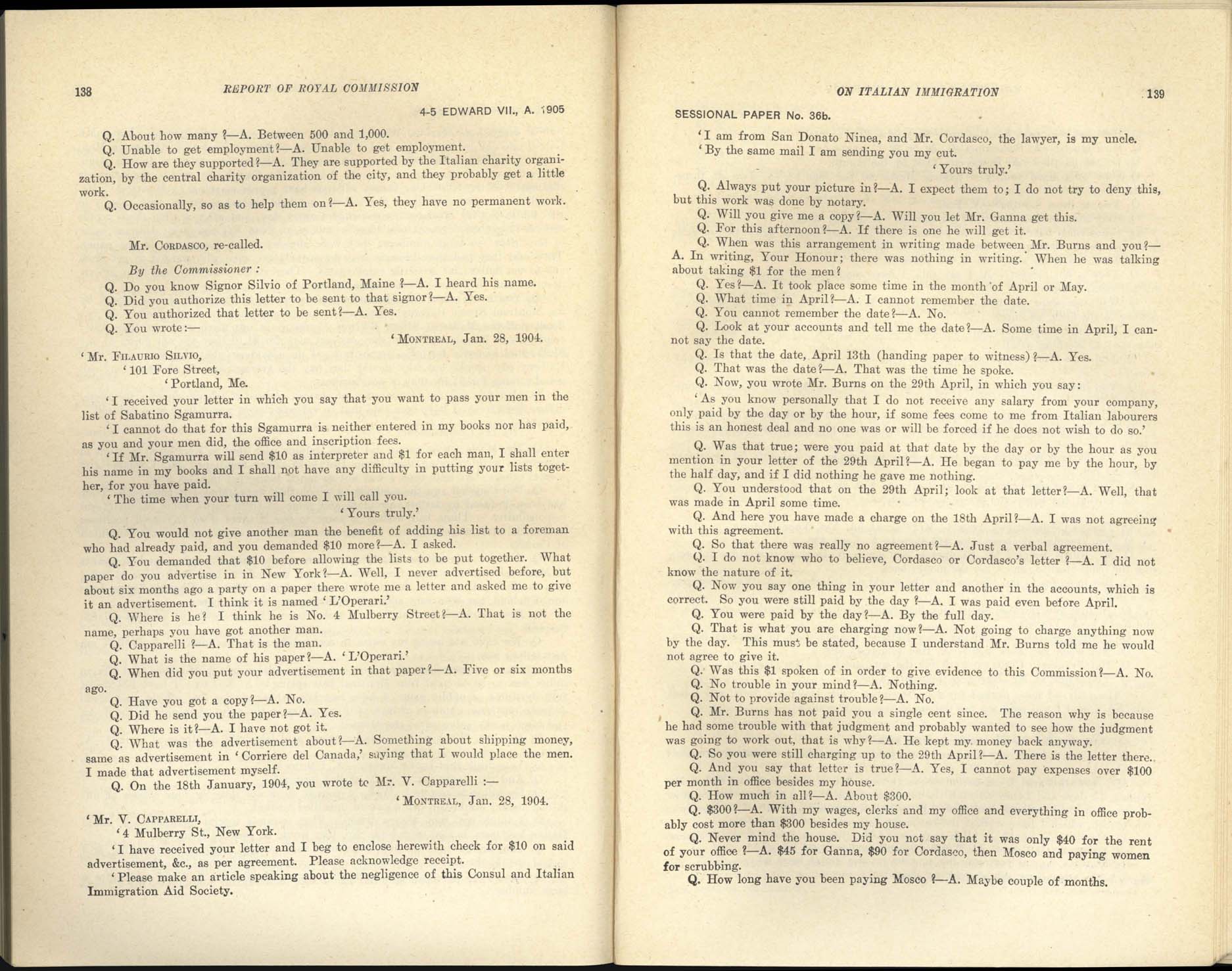 Page 138, 139 Commission royale sur l’immigration italienne, 1904-1905