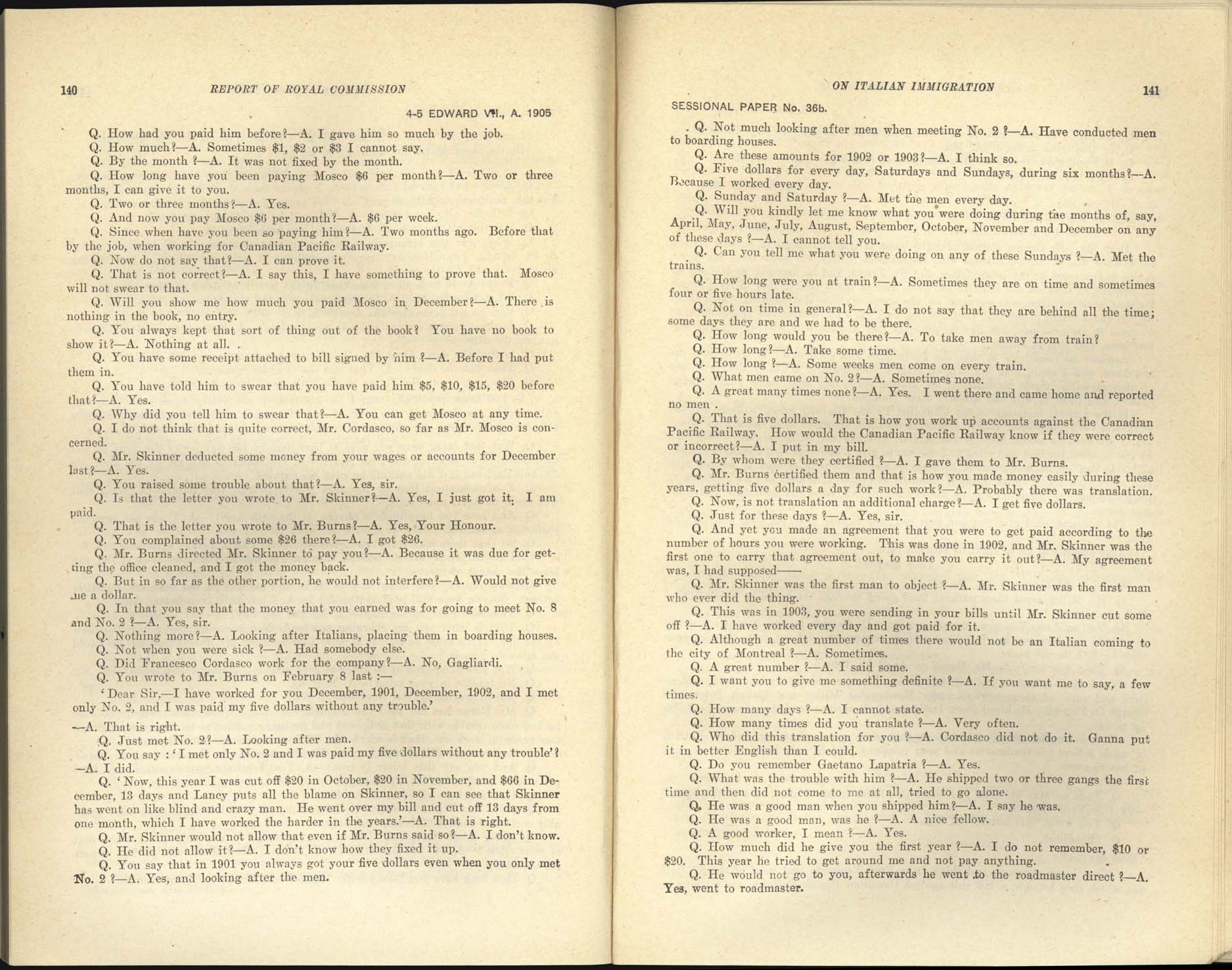 Page 140, 141 Commission royale sur l’immigration italienne, 1904-1905