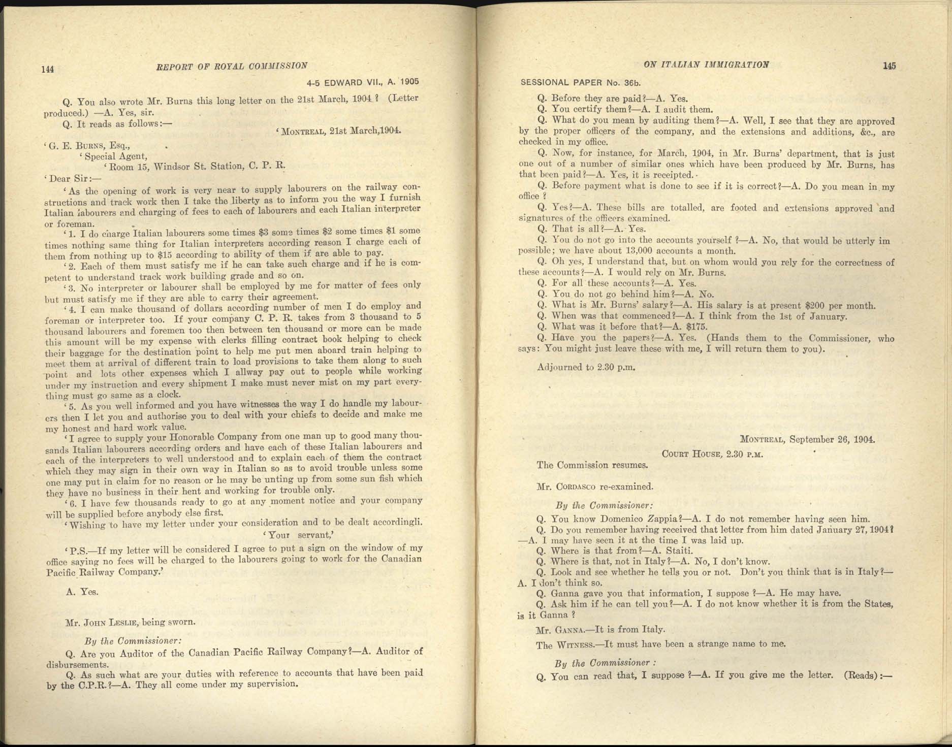 Page 144, 145 Commission royale sur l’immigration italienne, 1904-1905