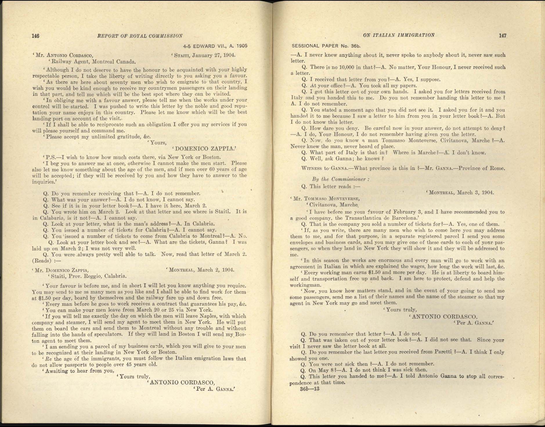 Page 146, 147 Commission royale sur l’immigration italienne, 1904-1905