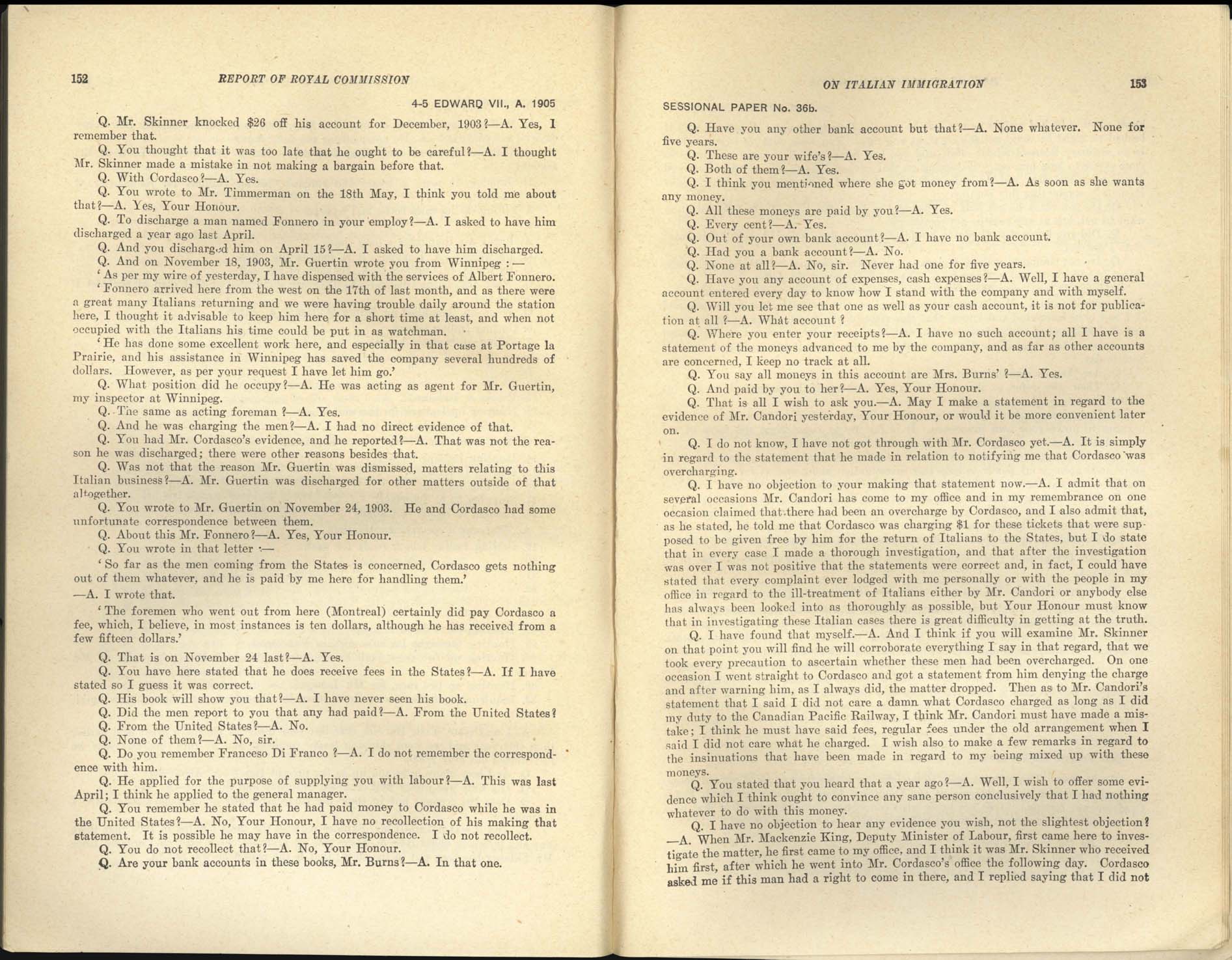 Page 152, 153 Commission royale sur l’immigration italienne, 1904-1905