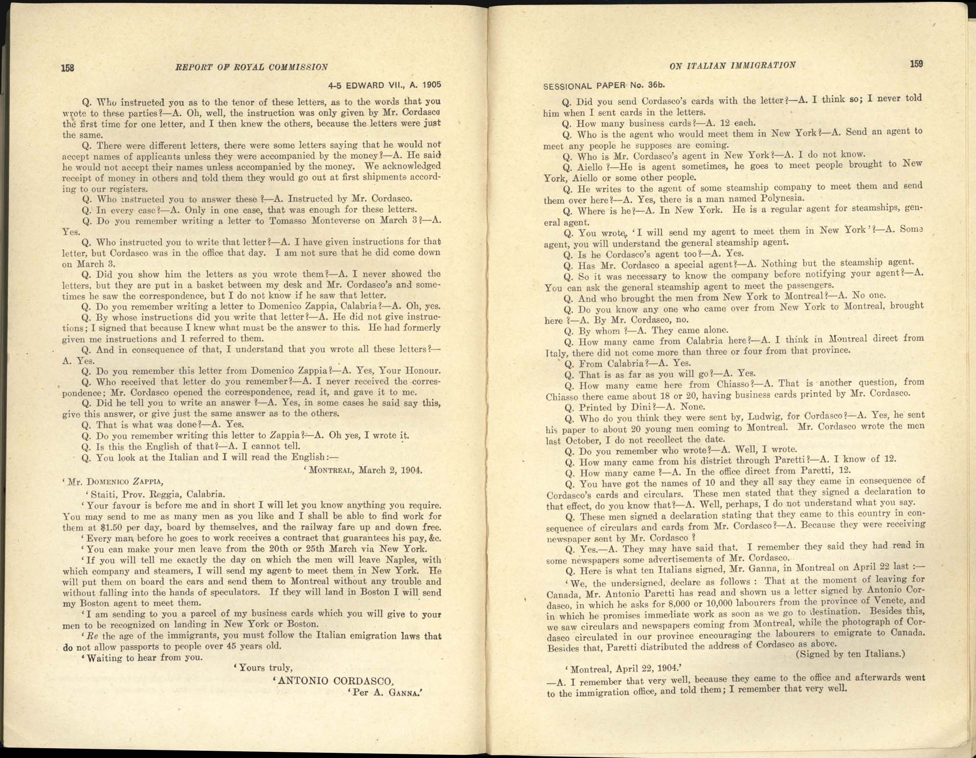 Page 158, 159 Commission royale sur l’immigration italienne, 1904-1905
