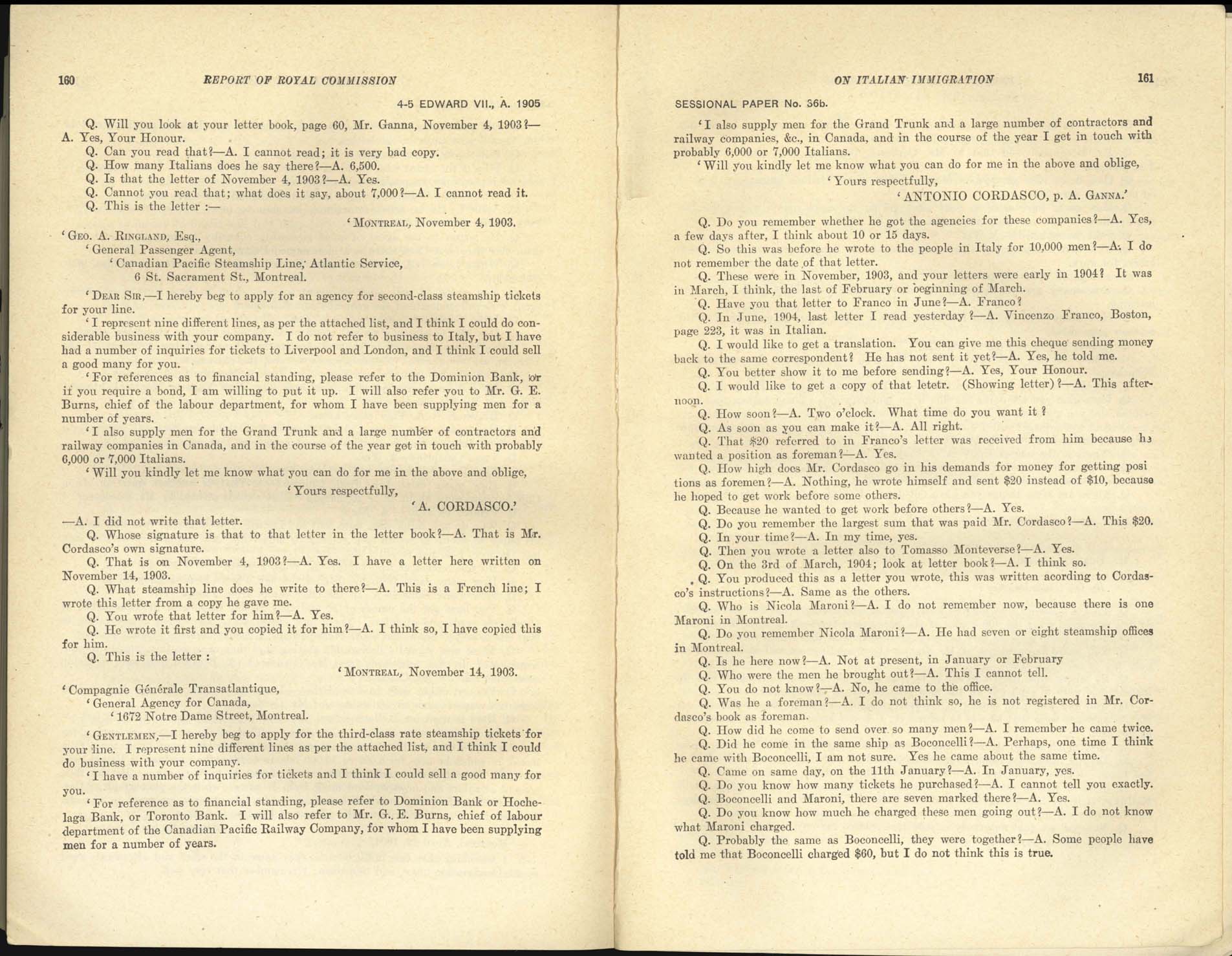 Page 160, 161 Commission royale sur l’immigration italienne, 1904-1905