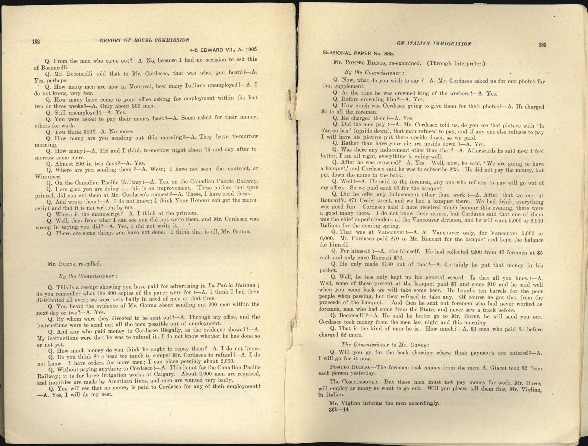 Page 162, 163 Commission royale sur l’immigration italienne, 1904-1905