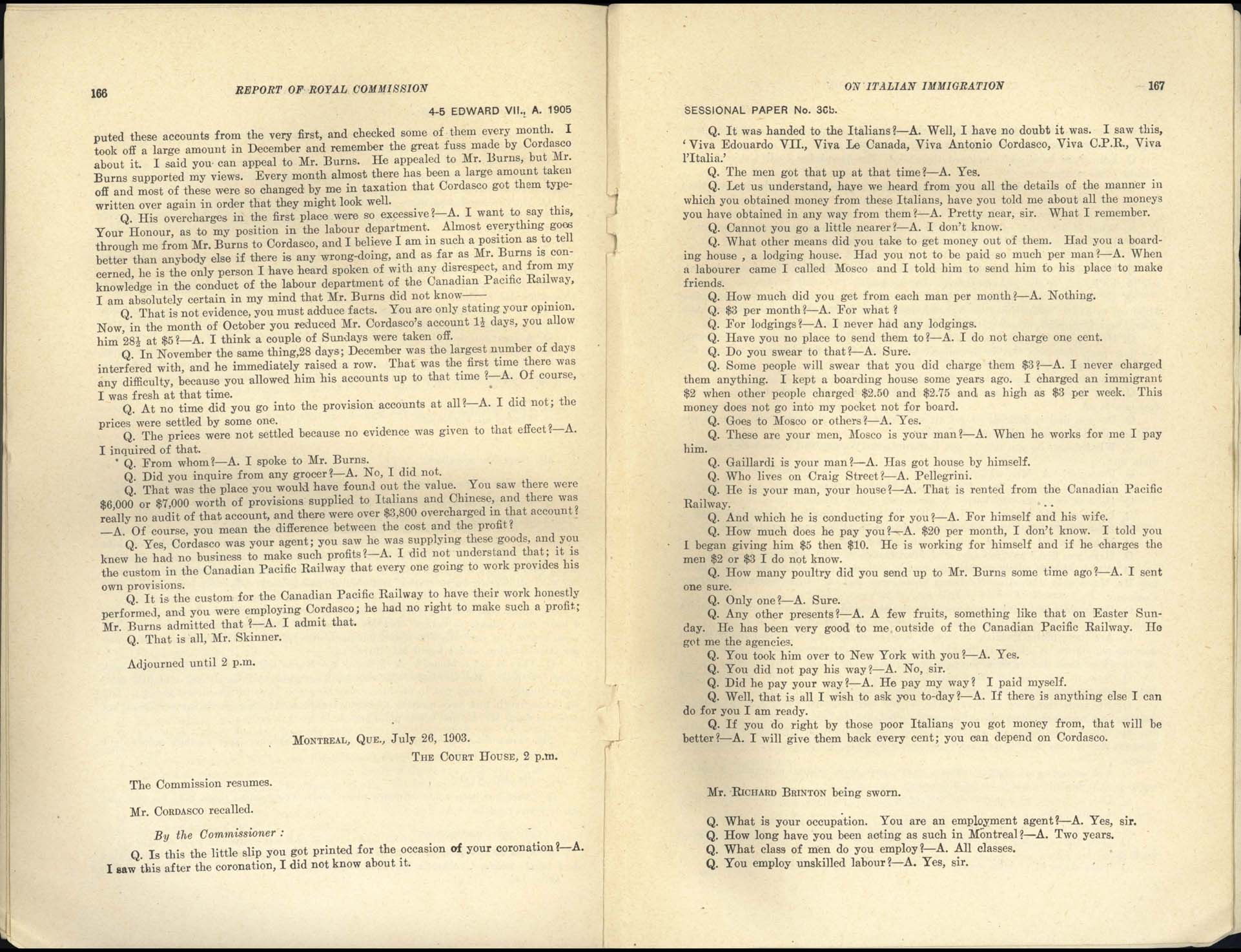 Page 166, 167 Commission royale sur l’immigration italienne, 1904-1905