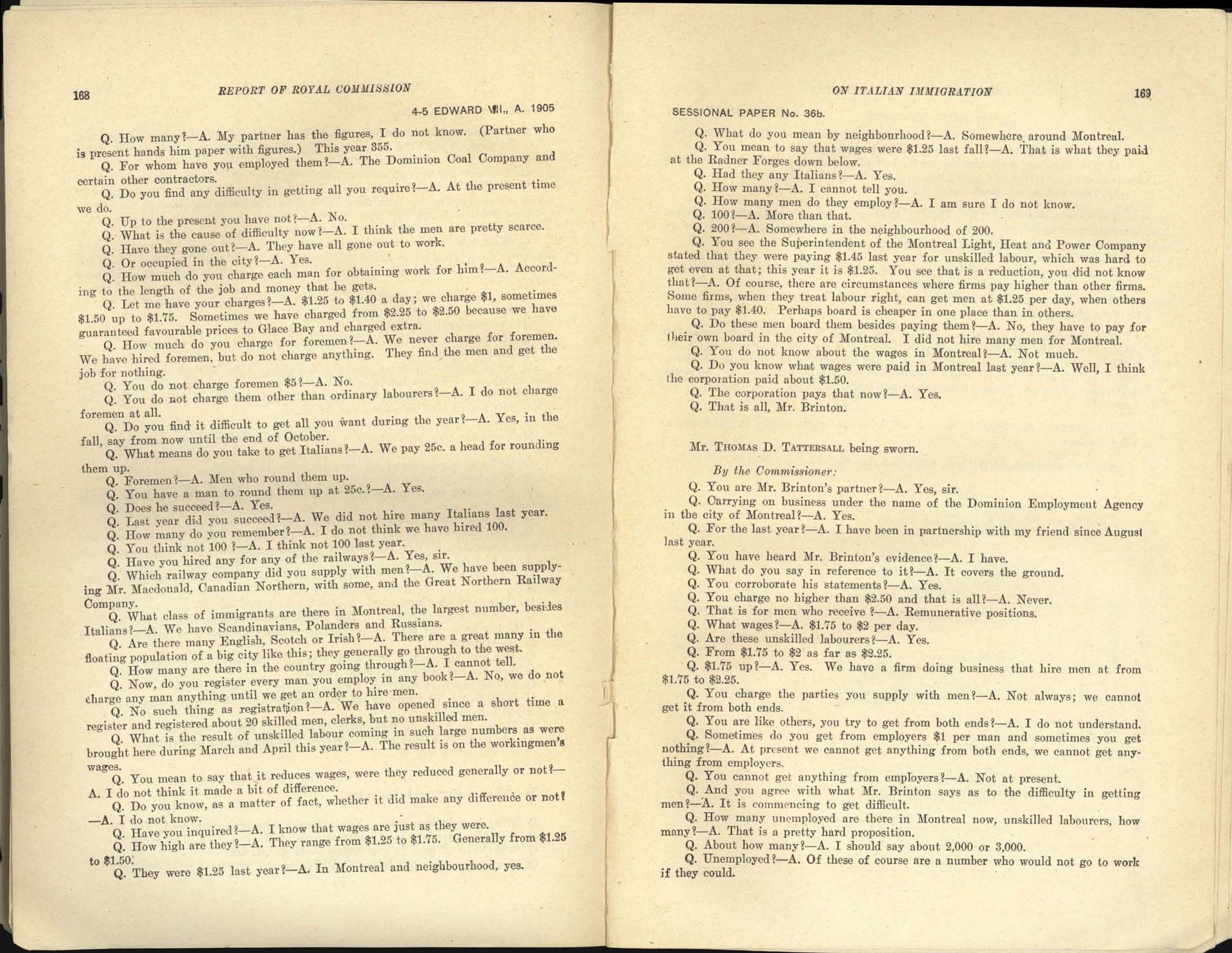 Page 168, 169 Commission royale sur l’immigration italienne, 1904-1905