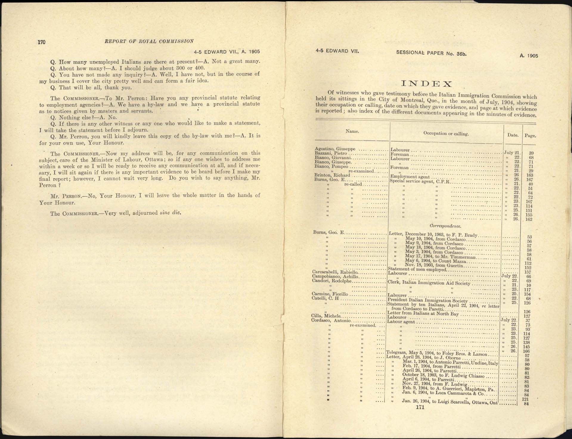Page 170, 171 Commission royale sur l’immigration italienne, 1904-1905