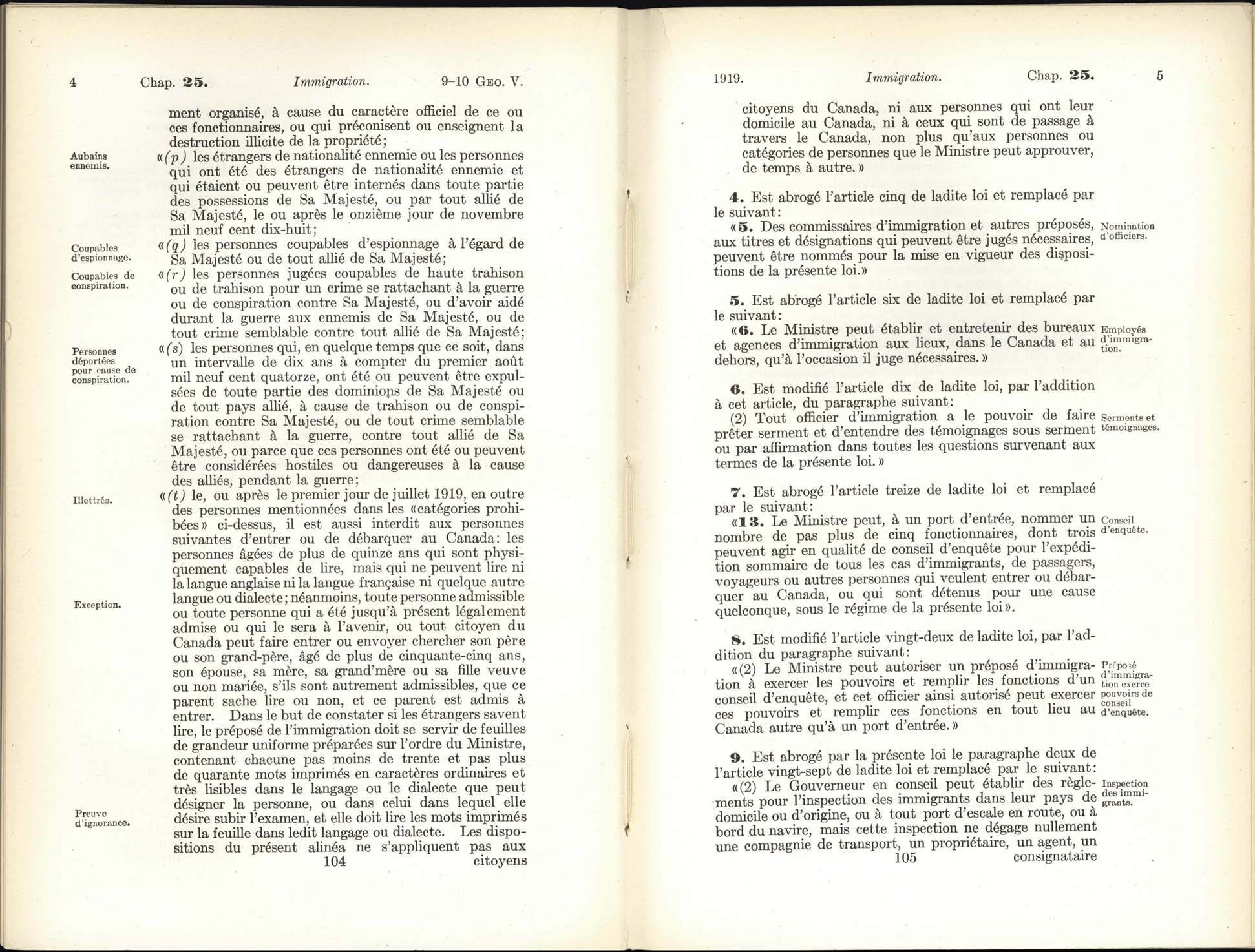 Page 104, 105 Loi de l’immigration amendement, 1919