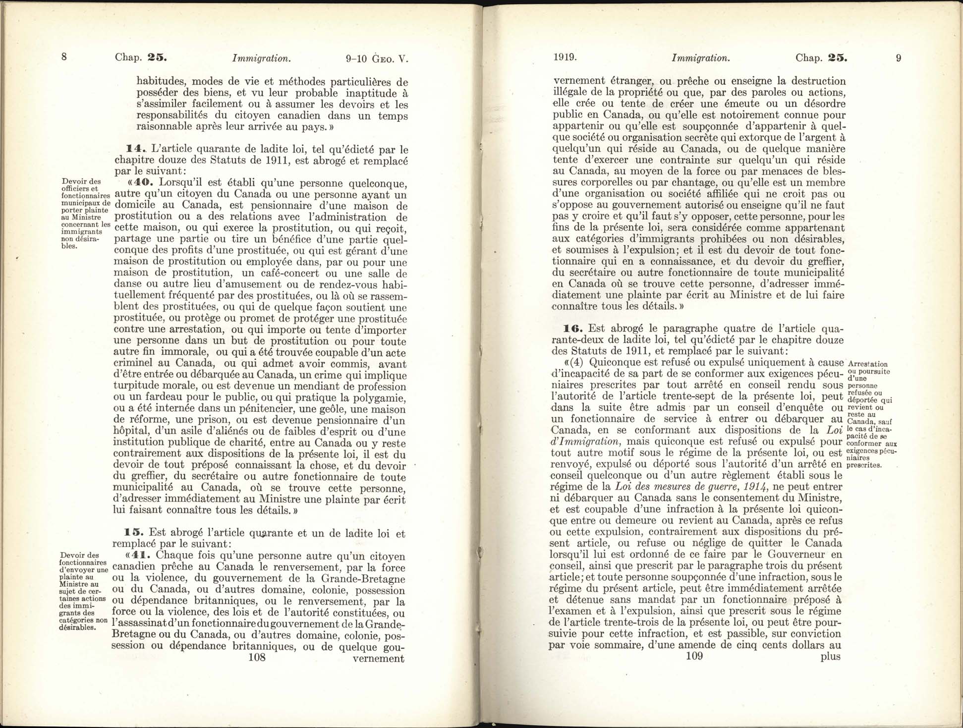 Page 108, 109 Loi de l’immigration amendement, 1919