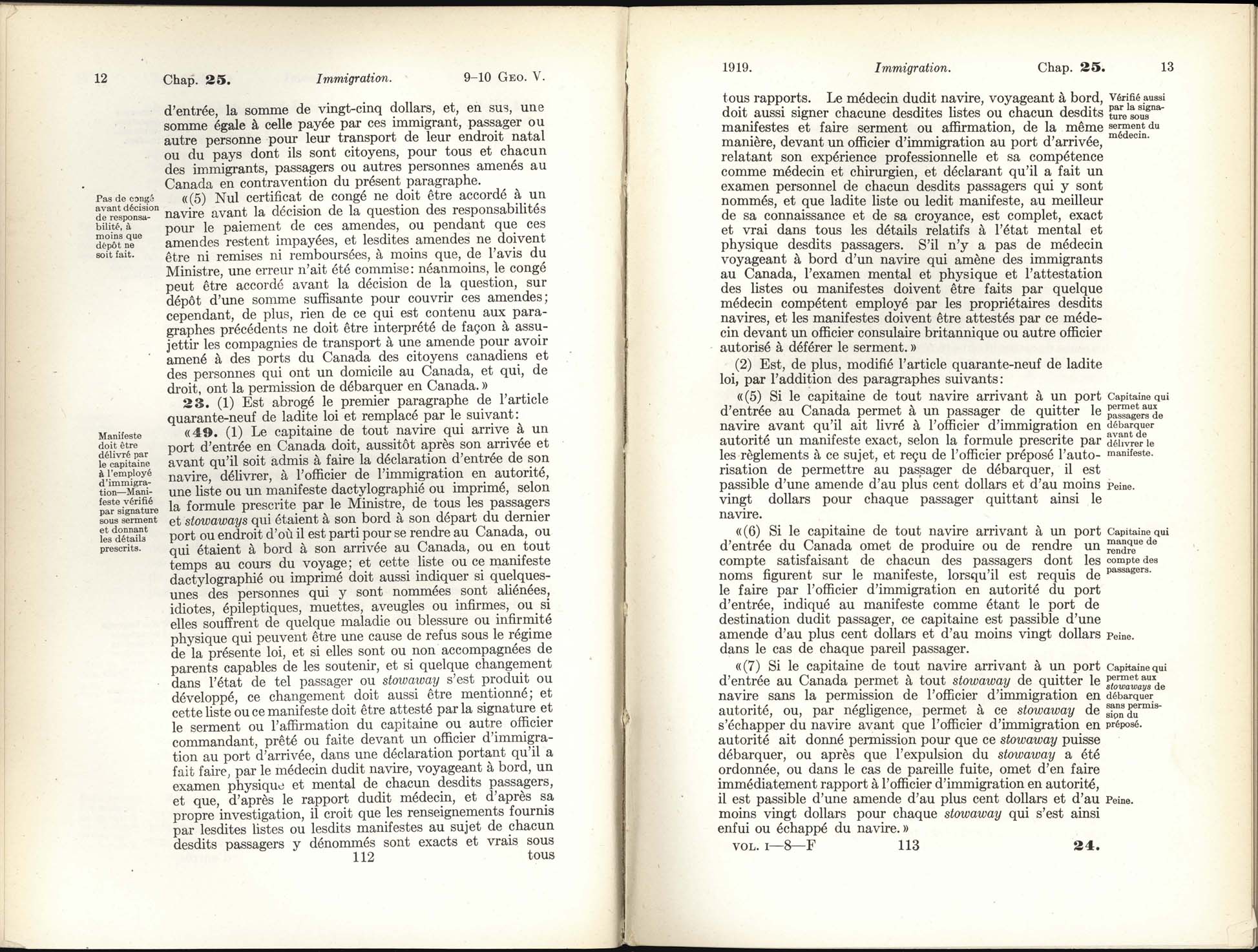 Page 112, 113 Loi de l’immigration amendement, 1919