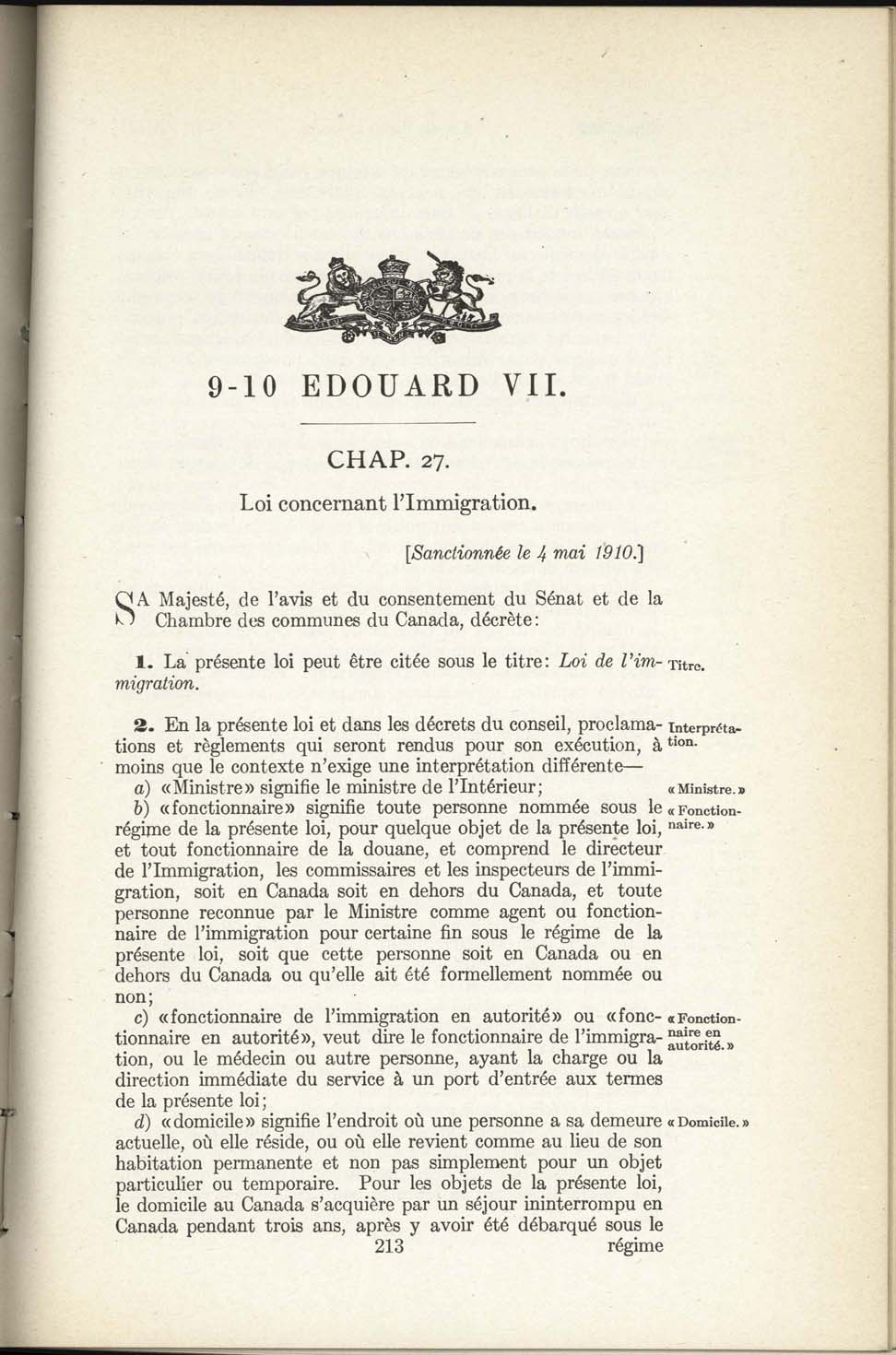 Chap 27 Page 213 L’Acte d’immigration, 1910