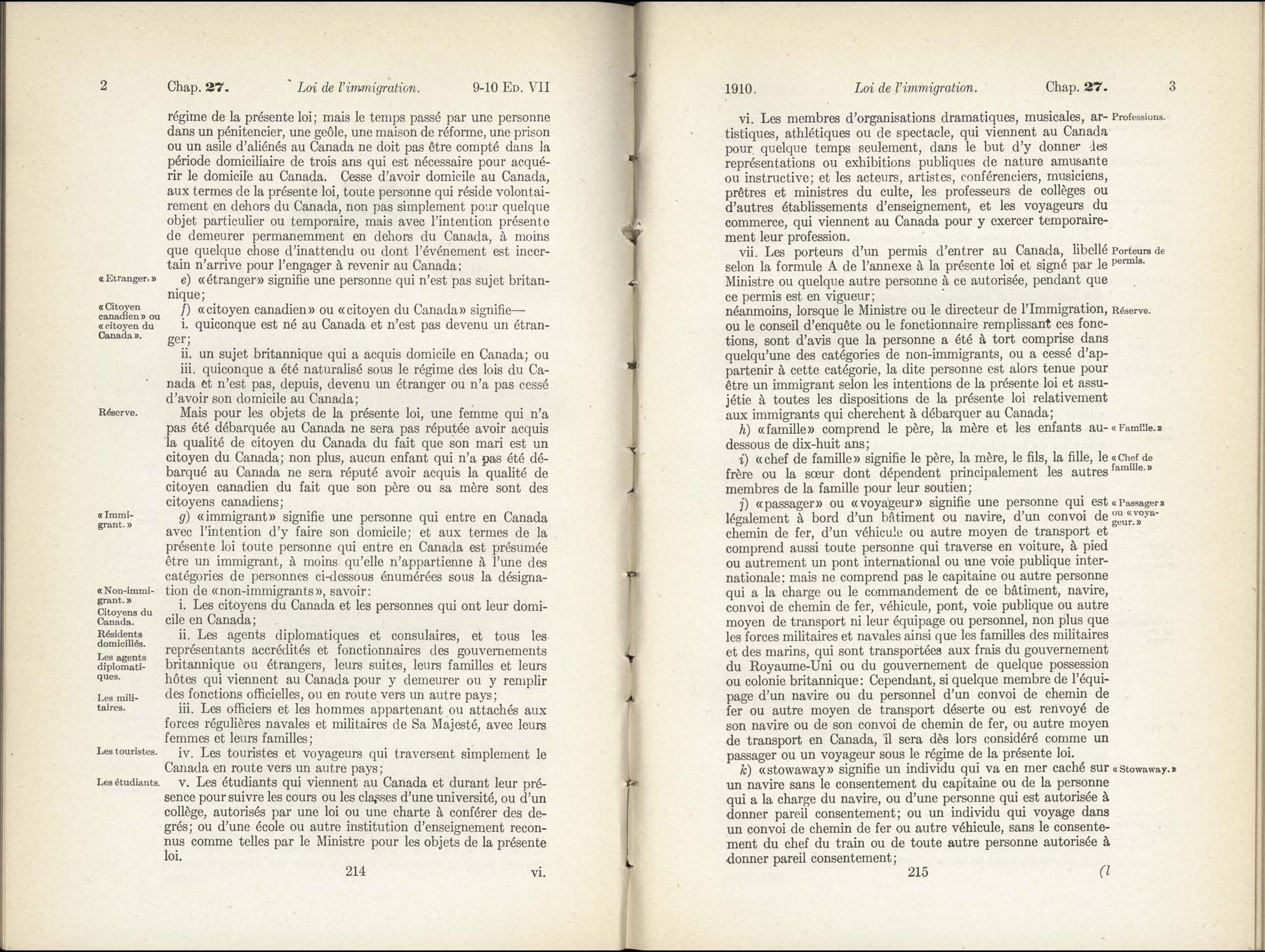 Chap 27 Page 214, 215 L’Acte d’immigration, 1910