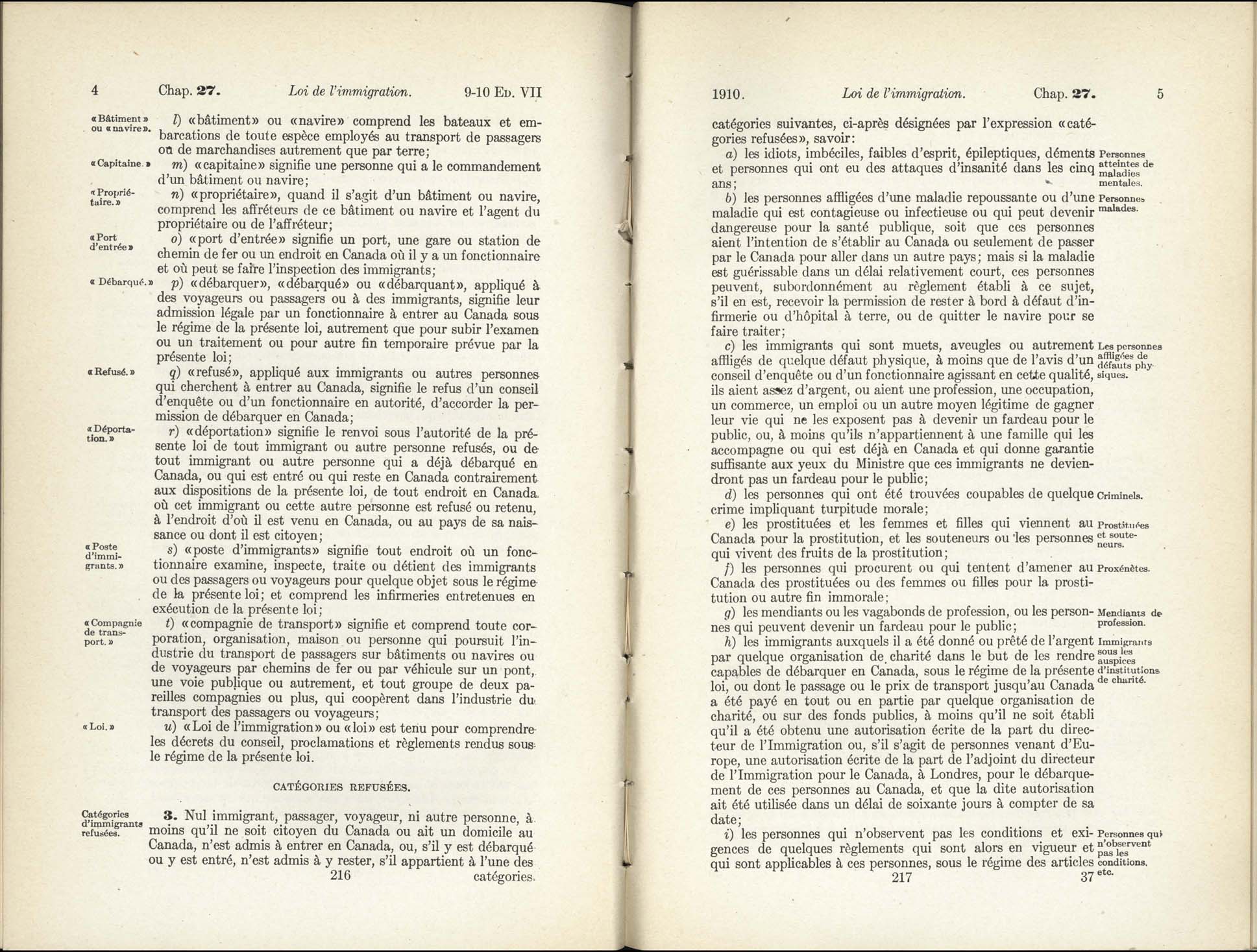 Chap 27 Page 216, 217 L’Acte d’immigration, 1910