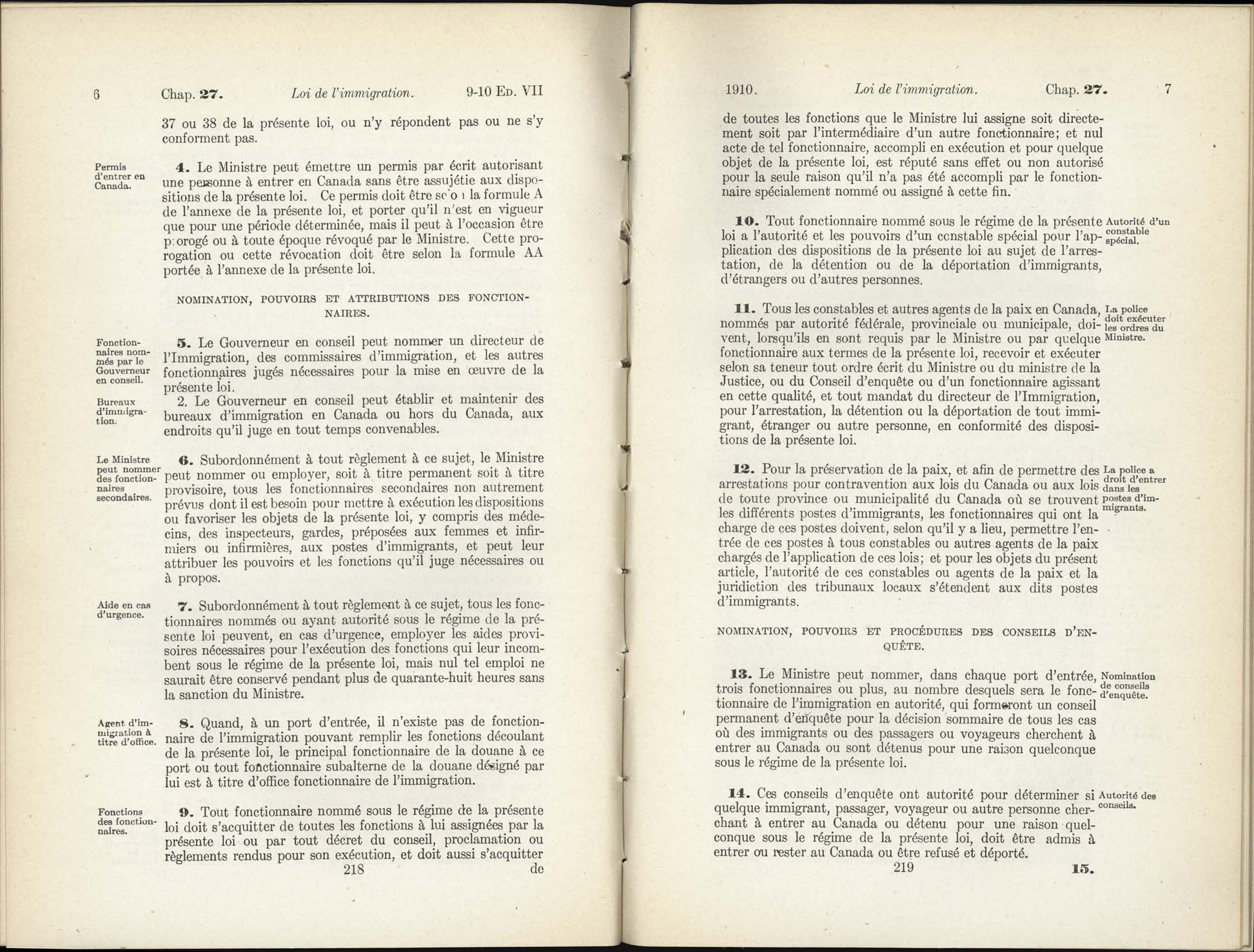 Chap 27 Page 218, 219 L’Acte d’immigration, 1910