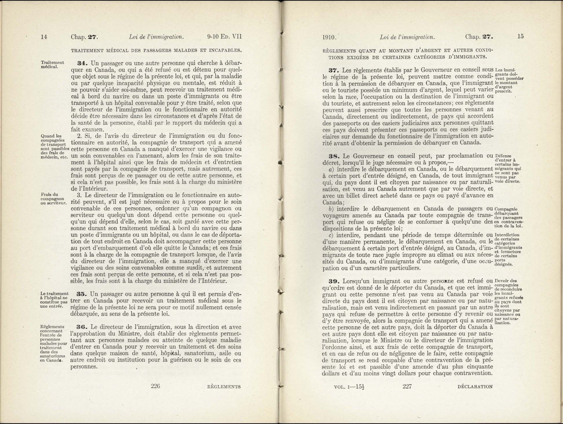 Chap 27 Page 226, 227 L’Acte d’immigration, 1910