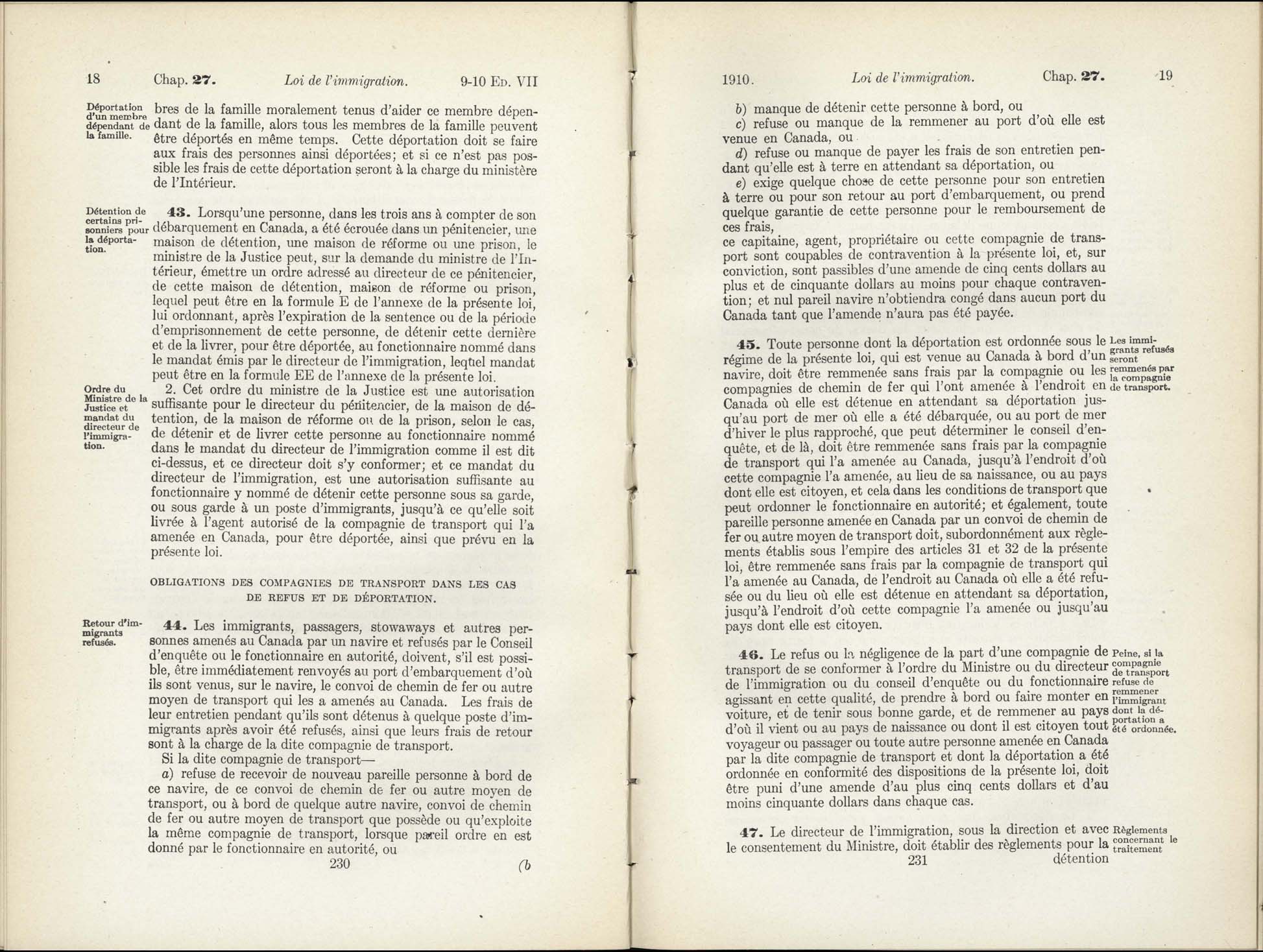 Chap 27 Page 230, 231 L’Acte d’immigration, 1910