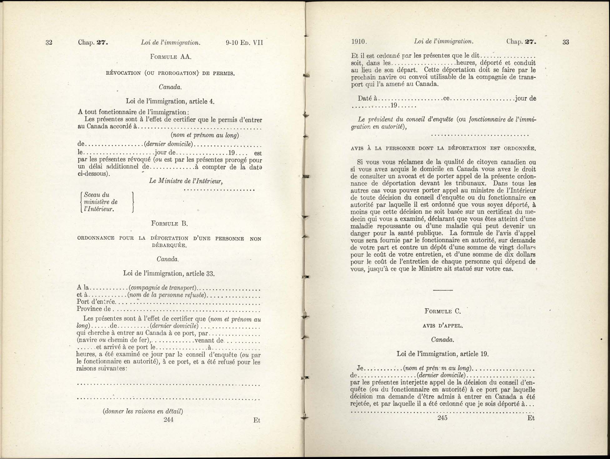 Chap 27 Page 244, 245 L’Acte d’immigration, 1910