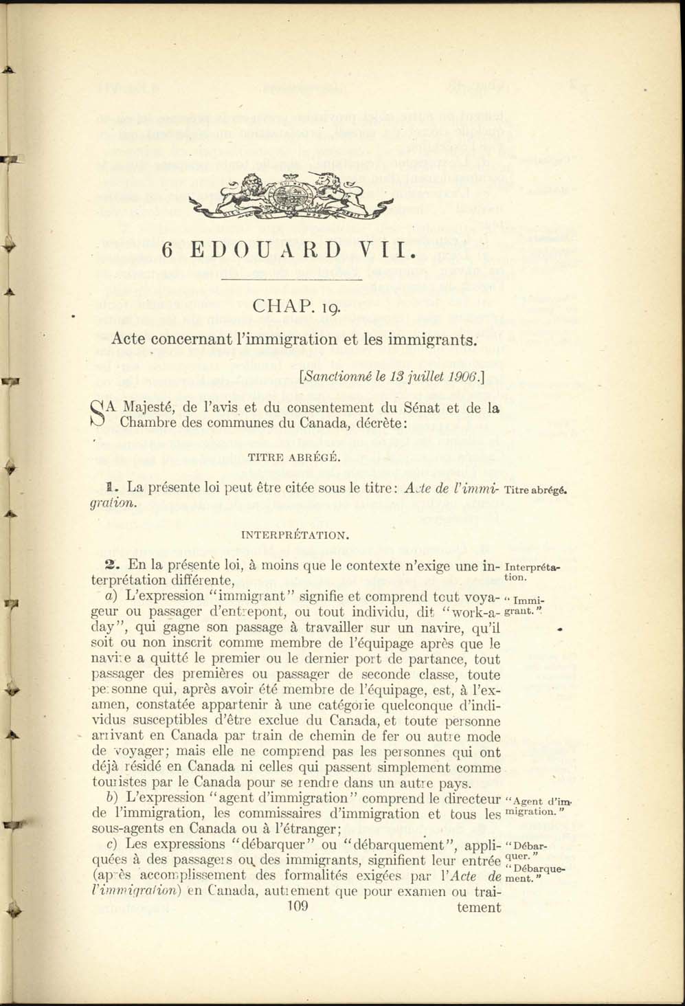 Chap. 19 Page 109 Acte de l’immigration, 1906