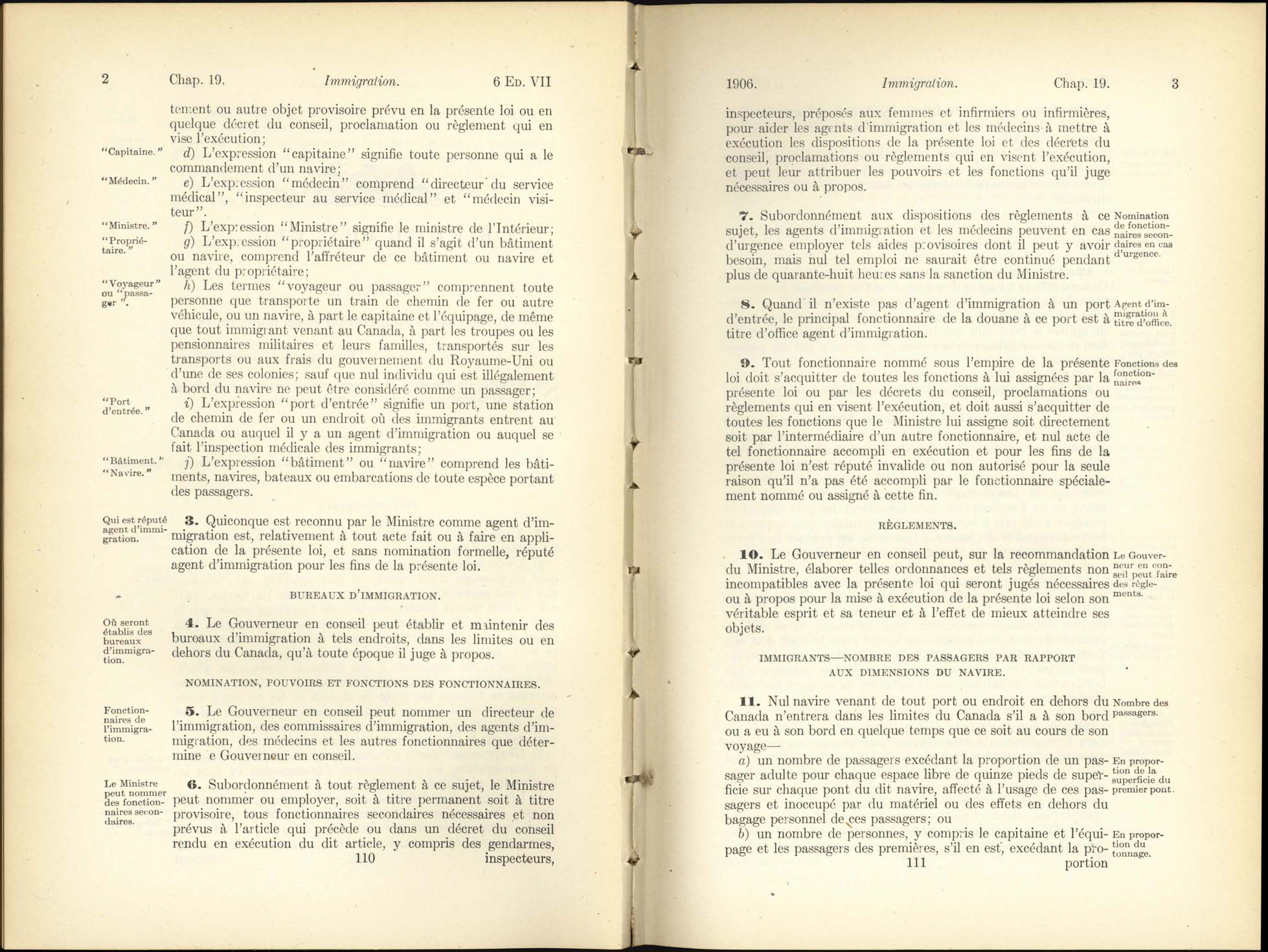 Chap. 19 Page 110, 111 Acte de l’immigration, 1906