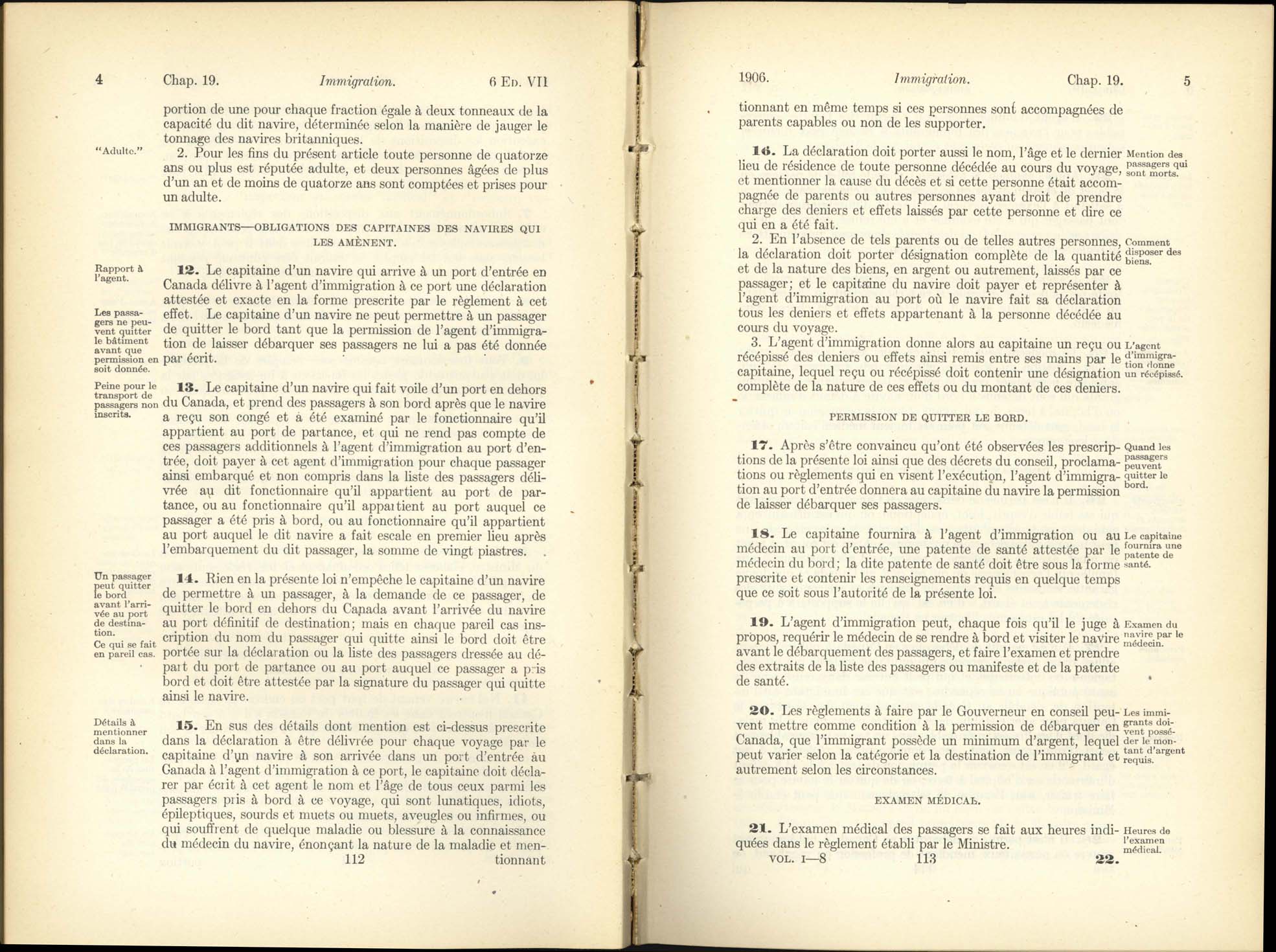 Chap. 19 Page 112, 113 Acte de l’immigration, 1906