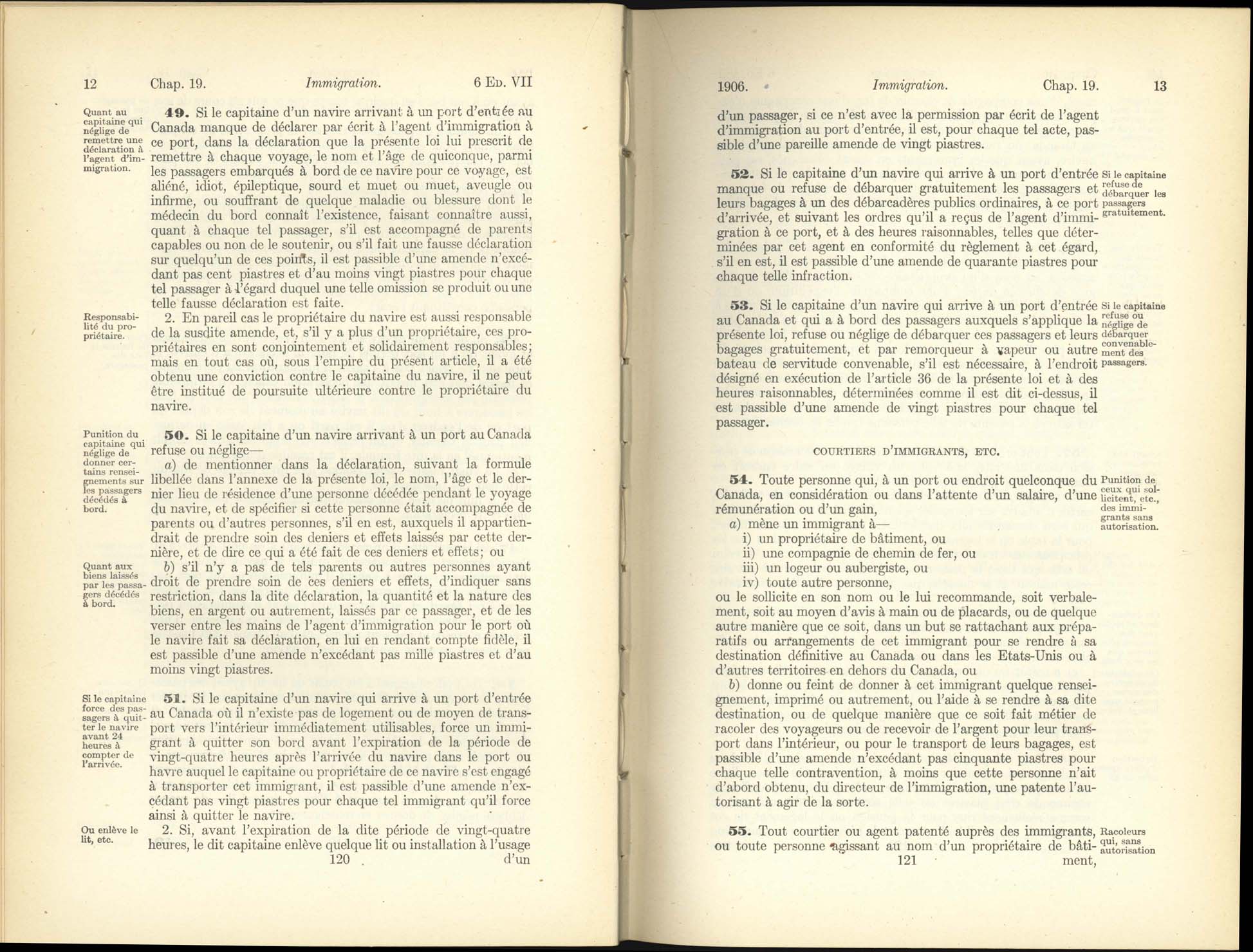 Chap. 19 Page 120, 121 Acte de l’immigration, 1906