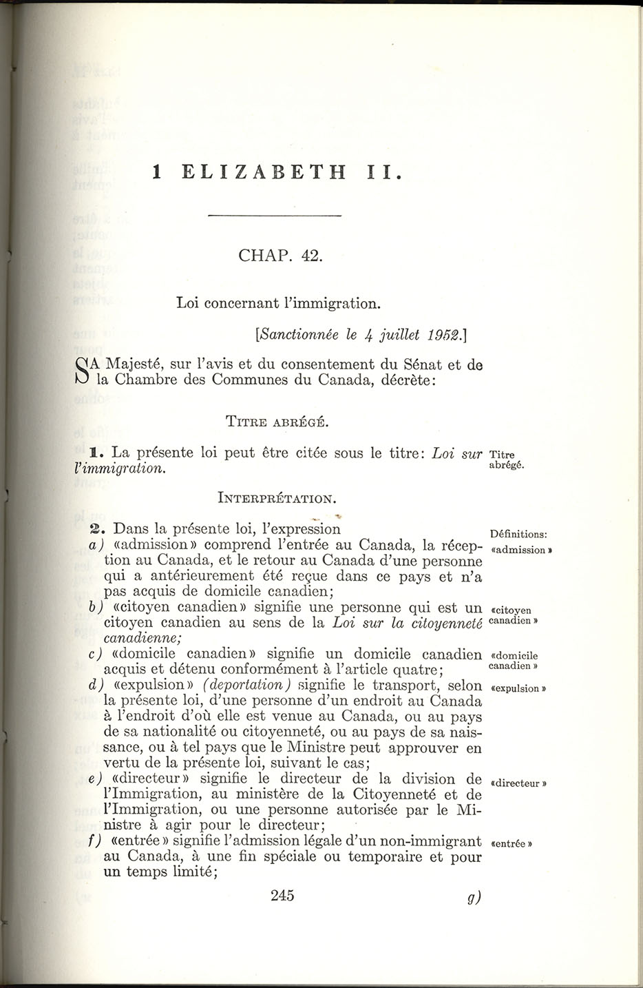 Chap 42 Page 245 Loi sur l’immigration, 1952