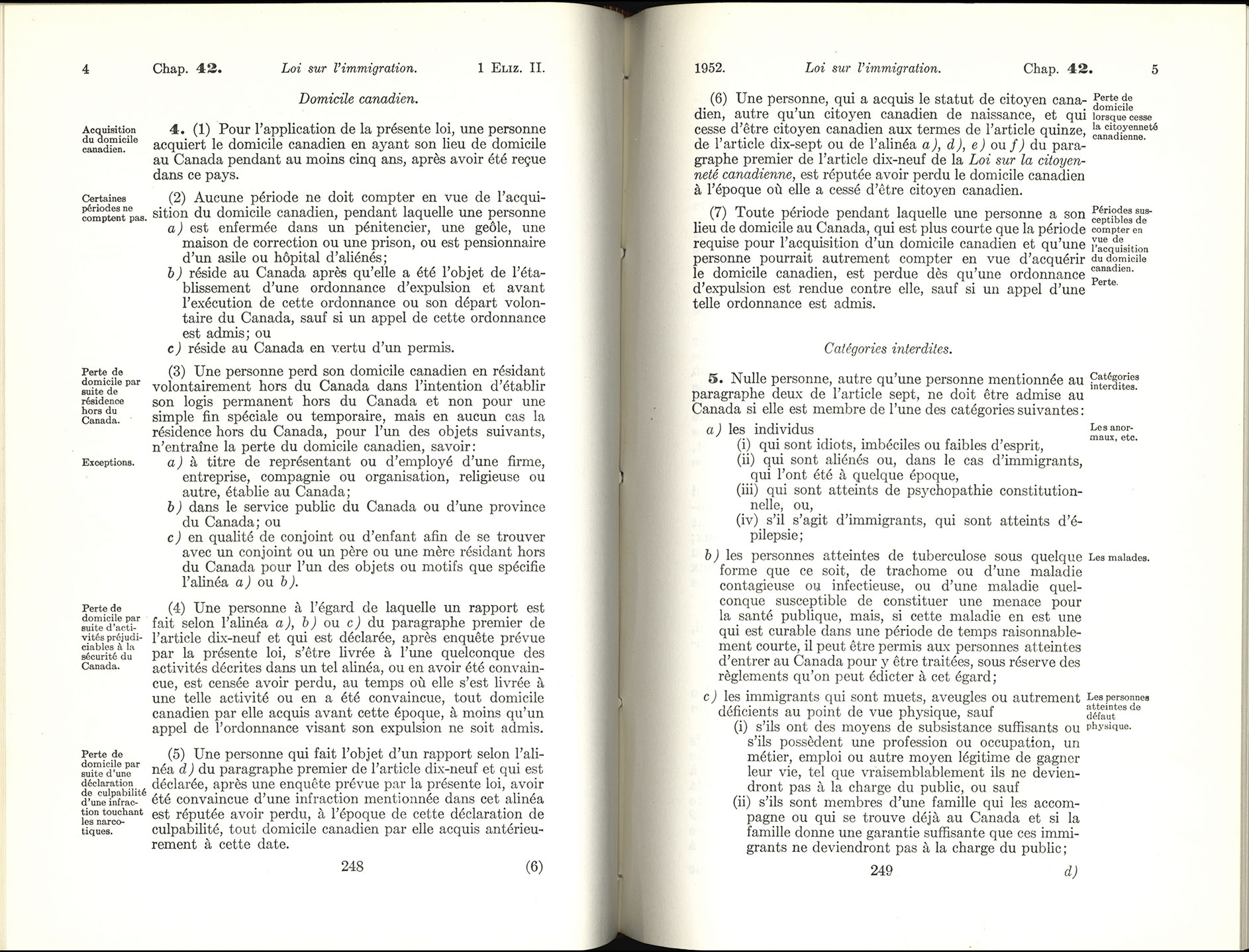 Chap 42 Page 248, 249 Loi sur l’immigration, 1952