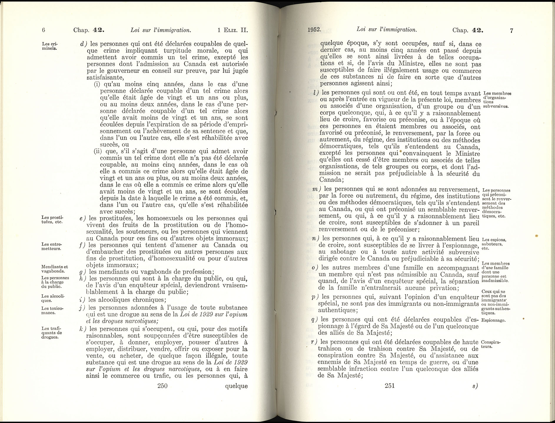 Chap 42 Page 250, 251 Loi sur l’immigration, 1952