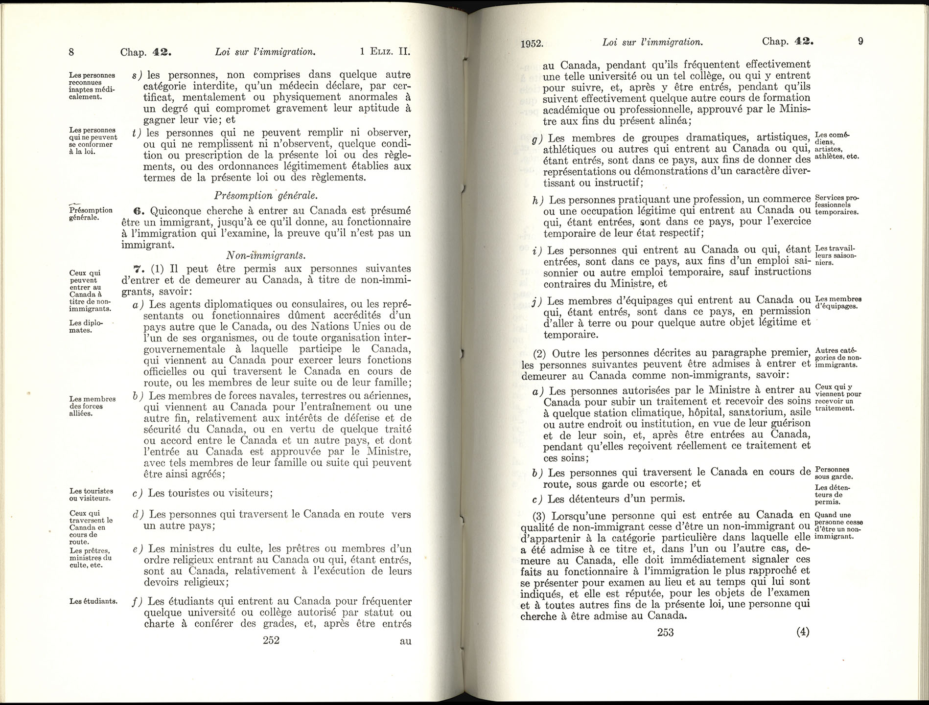 Chap 42 Page 252, 253 Loi sur l’immigration, 1952
