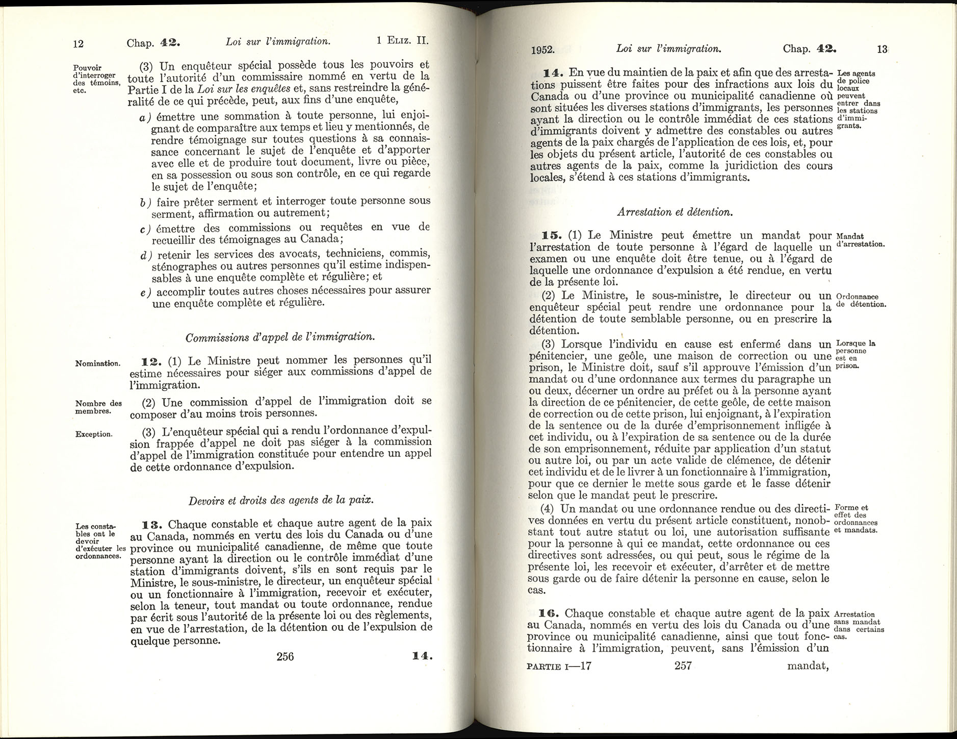 Chap 42 Page 256, 257 Loi sur l’immigration, 1952
