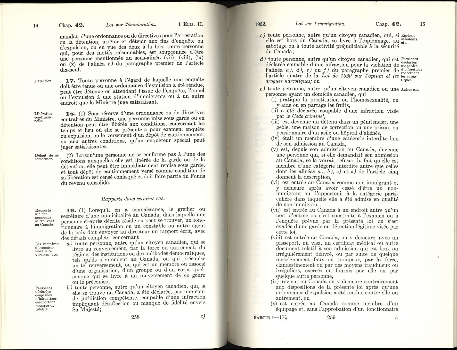 Chap 42 Page 258, 259 Loi sur l’immigration, 1952