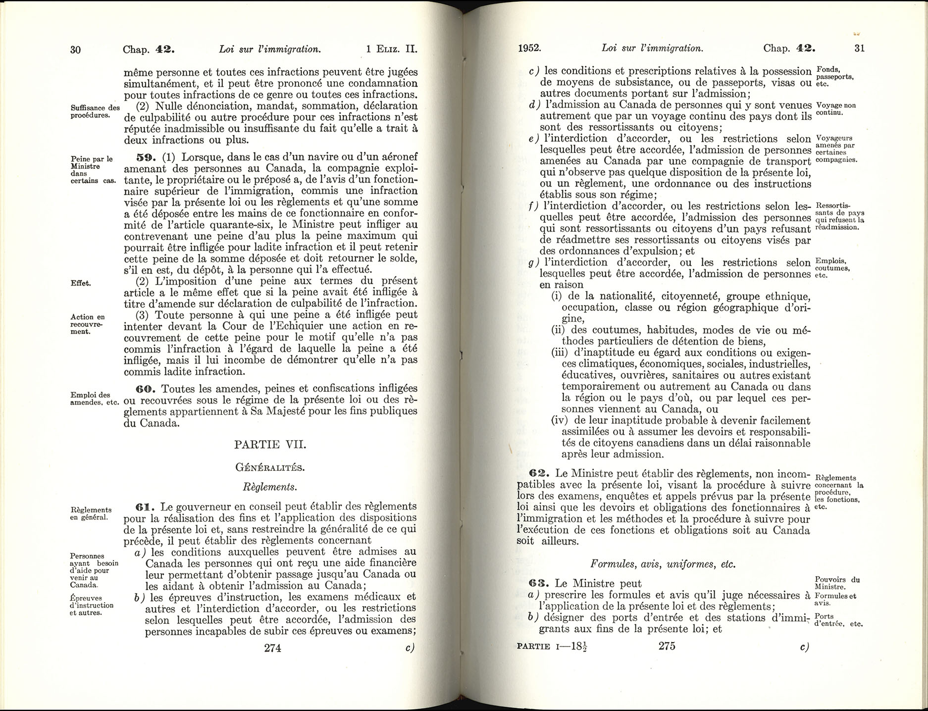Chap 42 Page 274, 275 Loi sur l’immigration, 1952