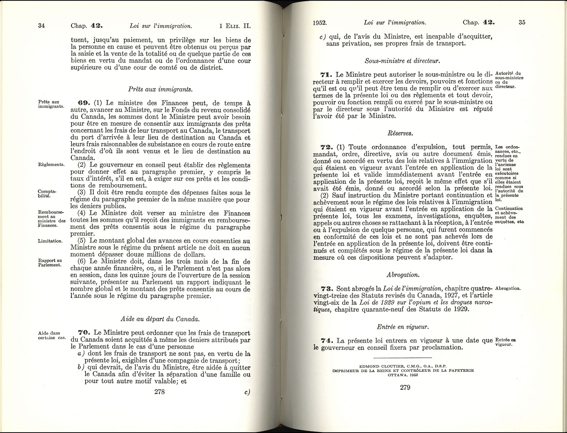 Chap 42 Page 278, 279 Loi sur l’immigration, 1952