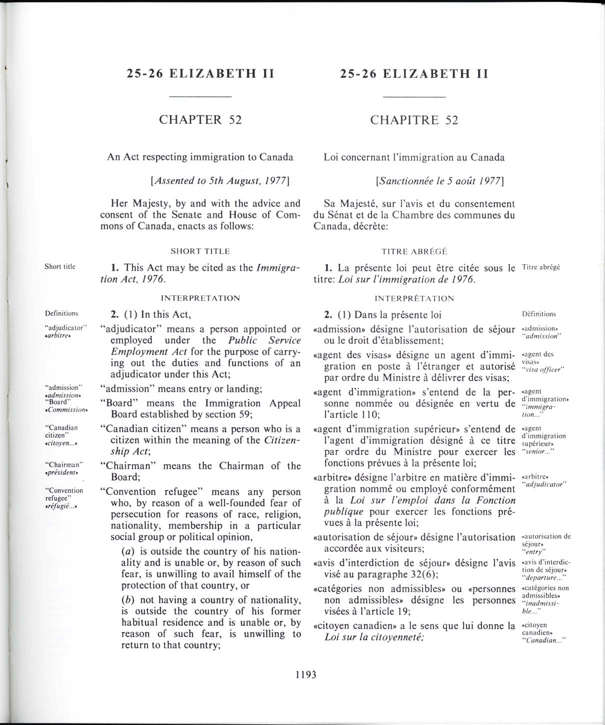 Chapitre 52 Page 1193 Loi sur l’immigration de 1976