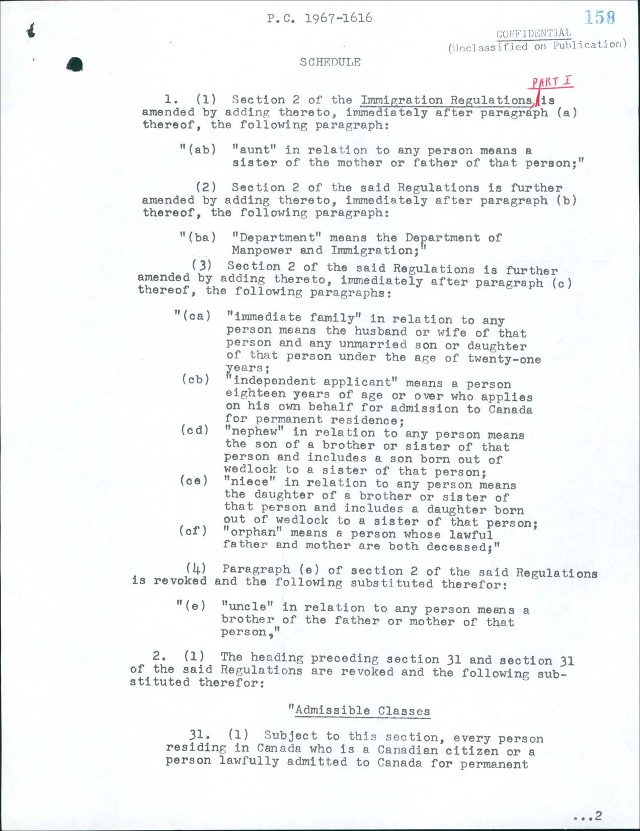 Page 1 Règlement sur l’immigration, Décret du Conseil CP 1967-1616, 1967