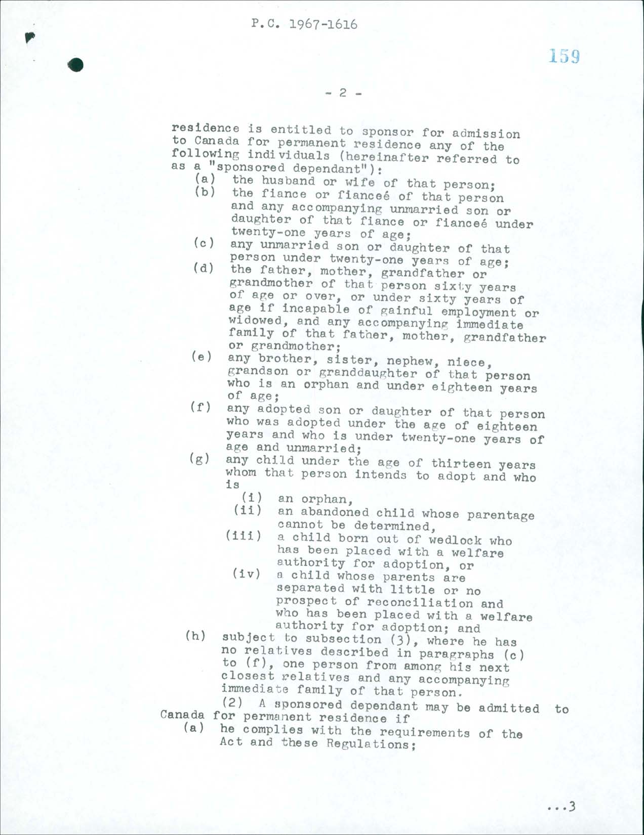 Page 2 Règlement sur l’immigration, Décret du Conseil CP 1967-1616, 1967