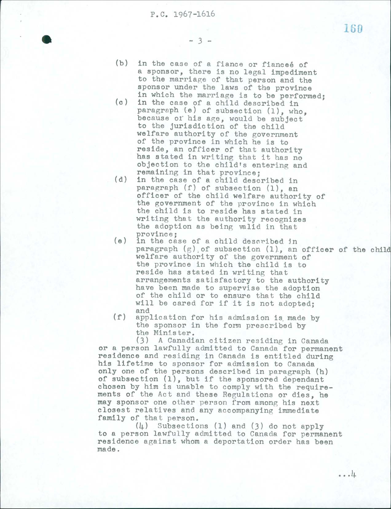 Page 3 Règlement sur l’immigration, Décret du Conseil CP 1967-1616, 1967