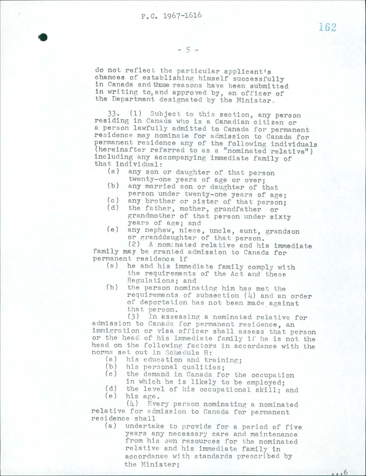 Page 5 Règlement sur l’immigration, Décret du Conseil CP 1967-1616, 1967