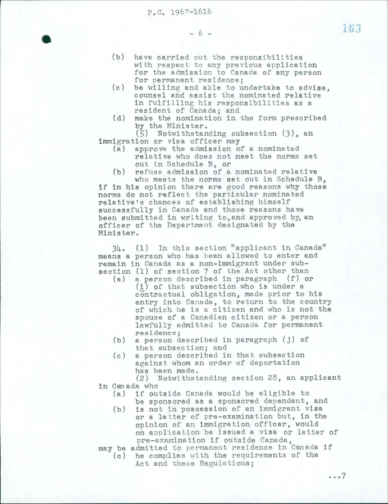 Page 6 Règlement sur l’immigration, Décret du Conseil CP 1967-1616, 1967